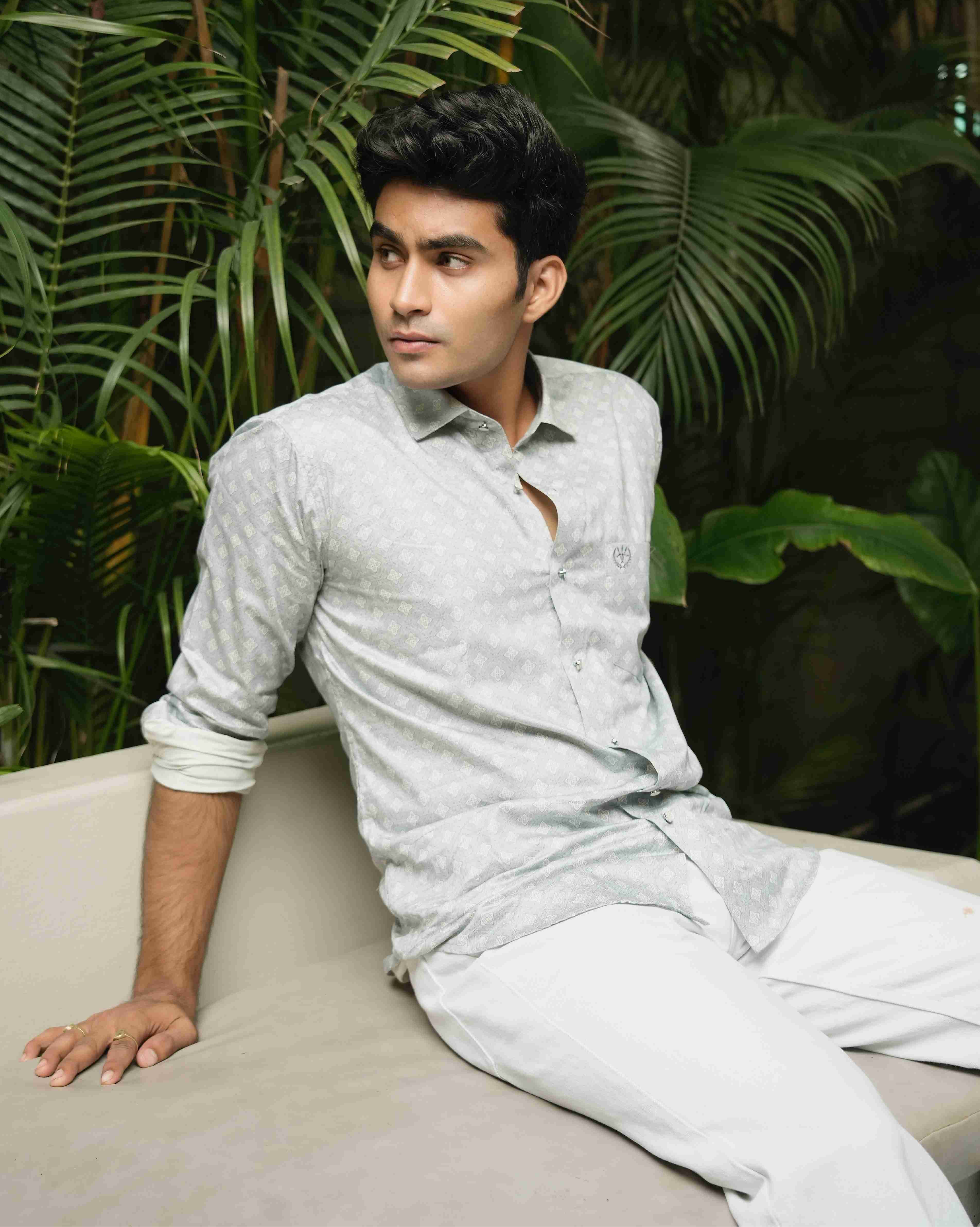 Midnight Blue Shirt – Satin Cotton, Printed, Designer Button