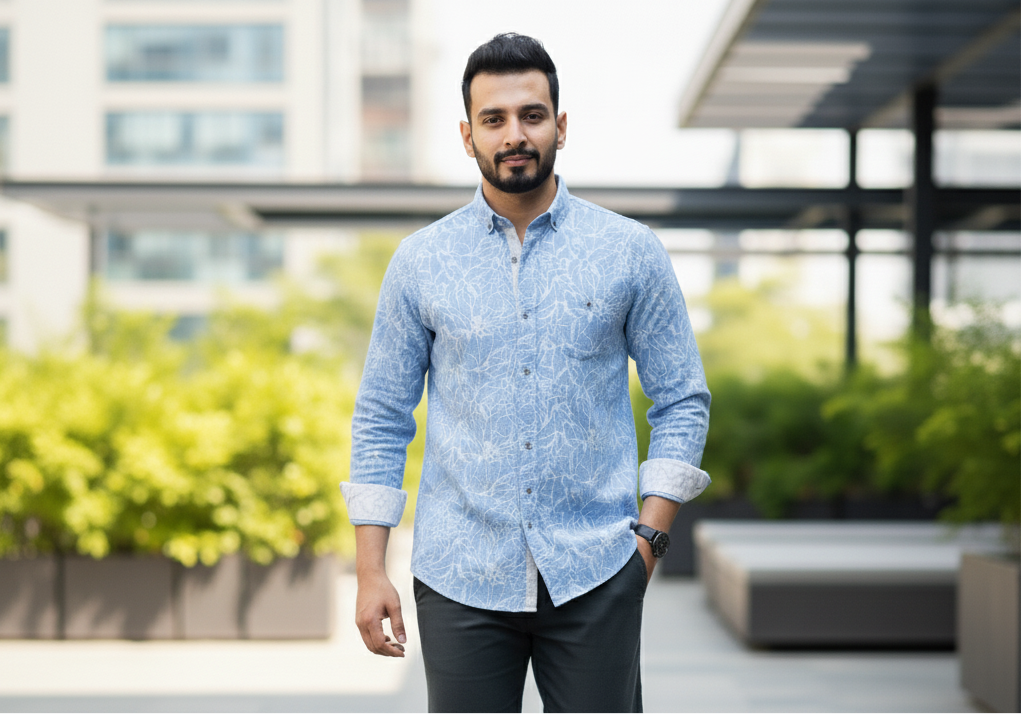 Midnight Blue Luxe Print in Cotton Linen - Slim Fit Shirt