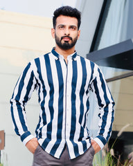 Elegant Sapphire Stripe Shirt – Premium White Base, Semi-Formal