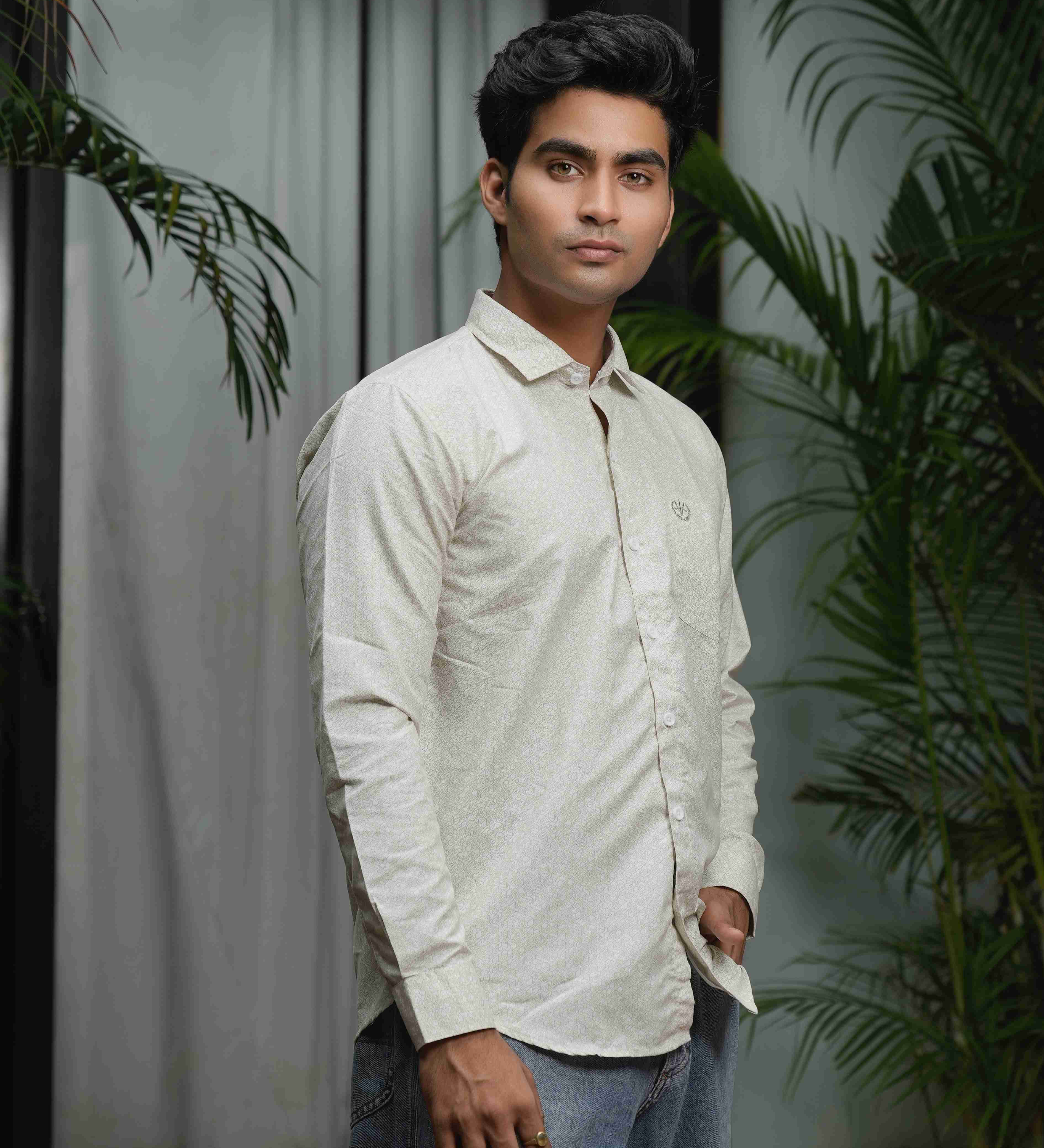 Men’s Ivory Shirt – Velvet Touch Cotton, Elegant Print