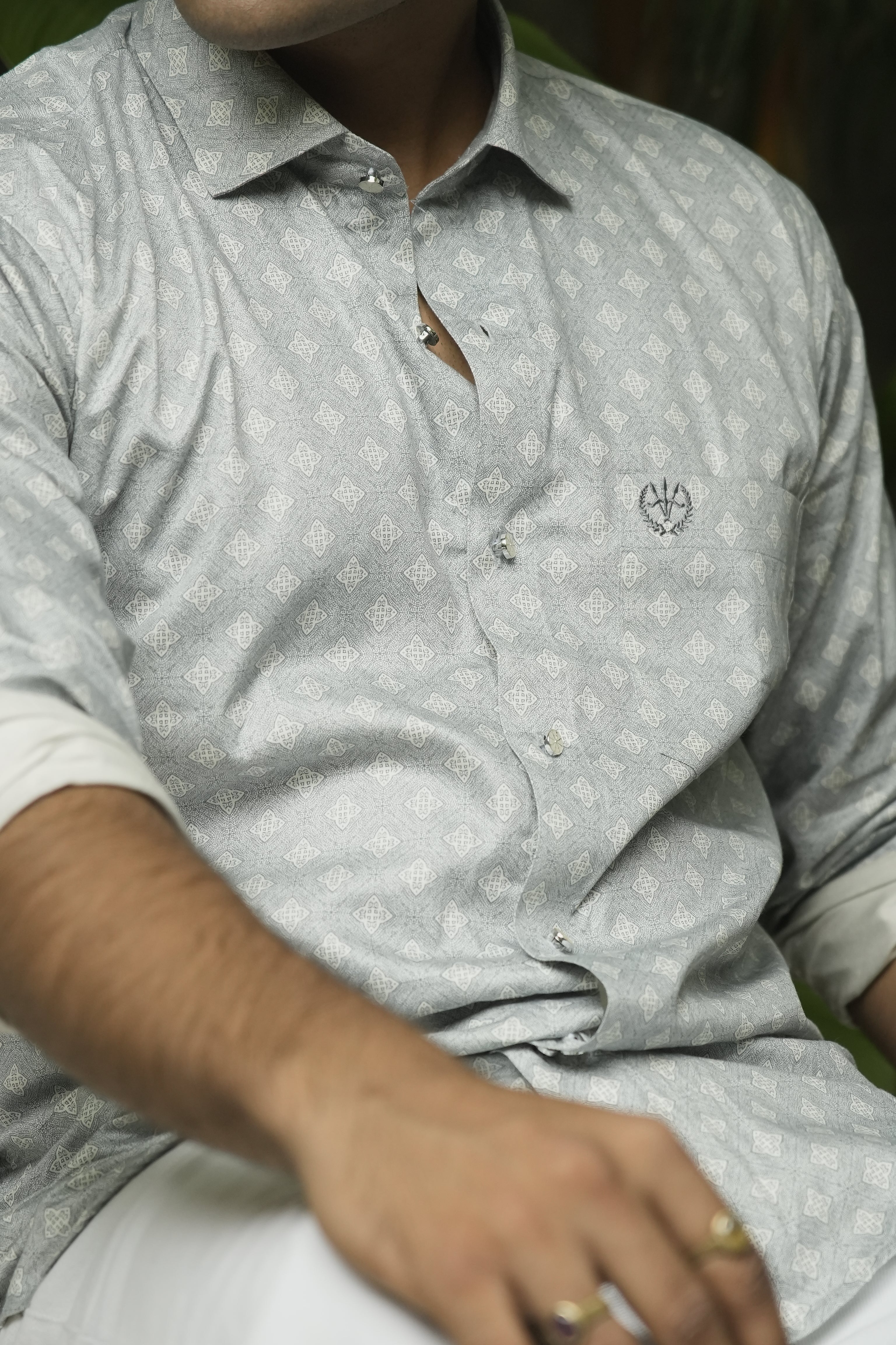 Midnight Blue Shirt – Satin Cotton, Printed, Designer Button
