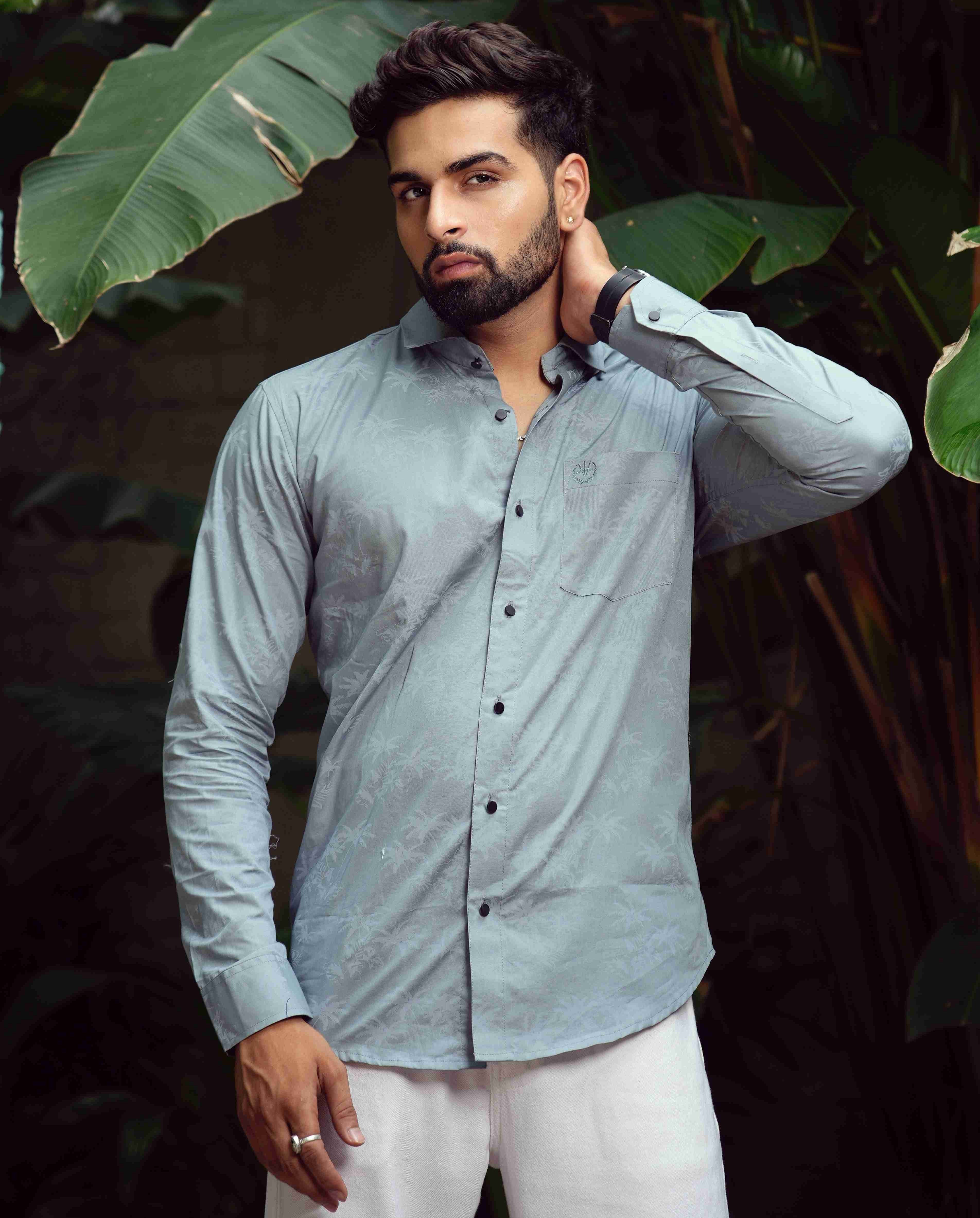 Textured Tree Print Shirt – Dusty Blue Cotton