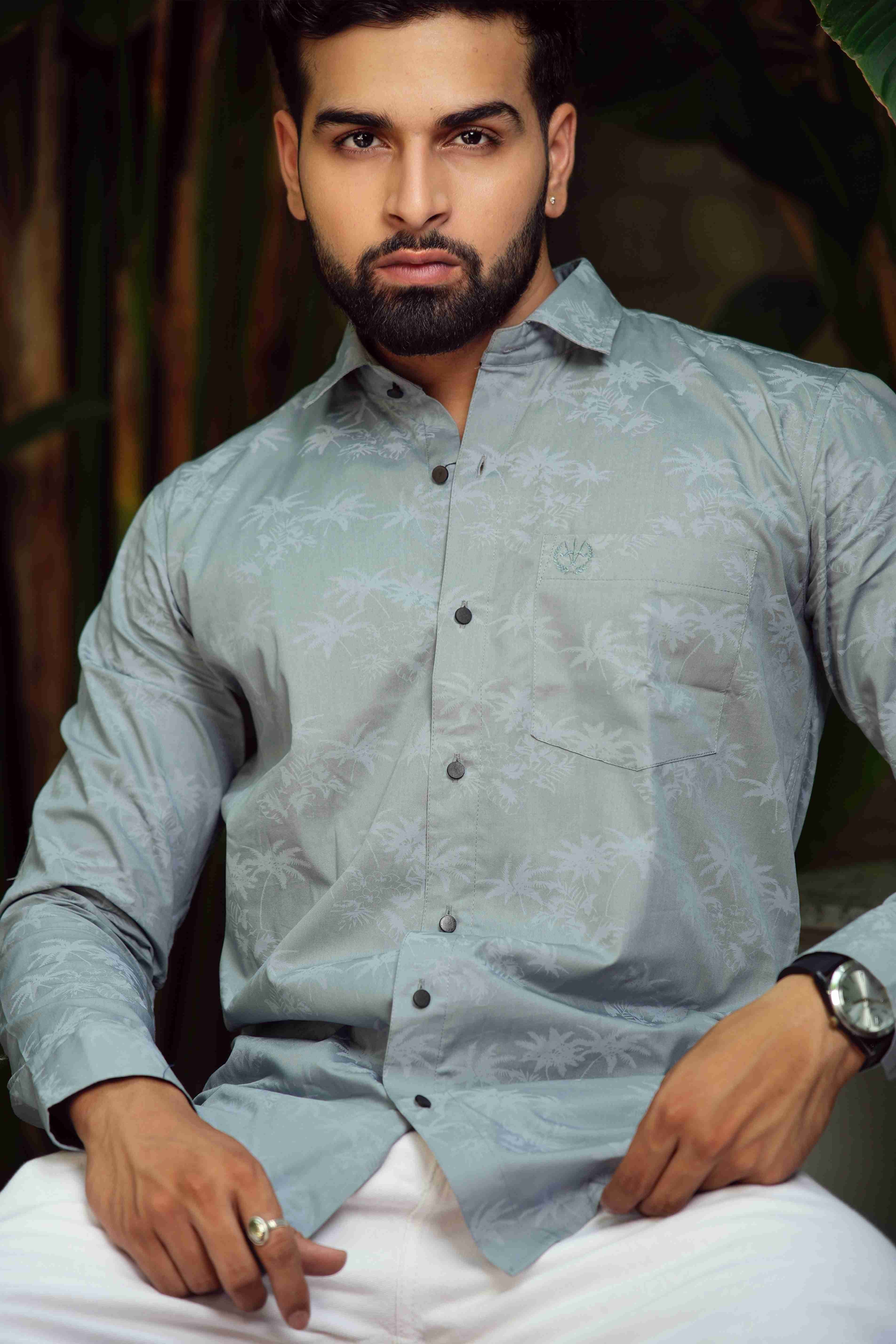 Textured Tree Print Shirt – Dusty Blue Cotton