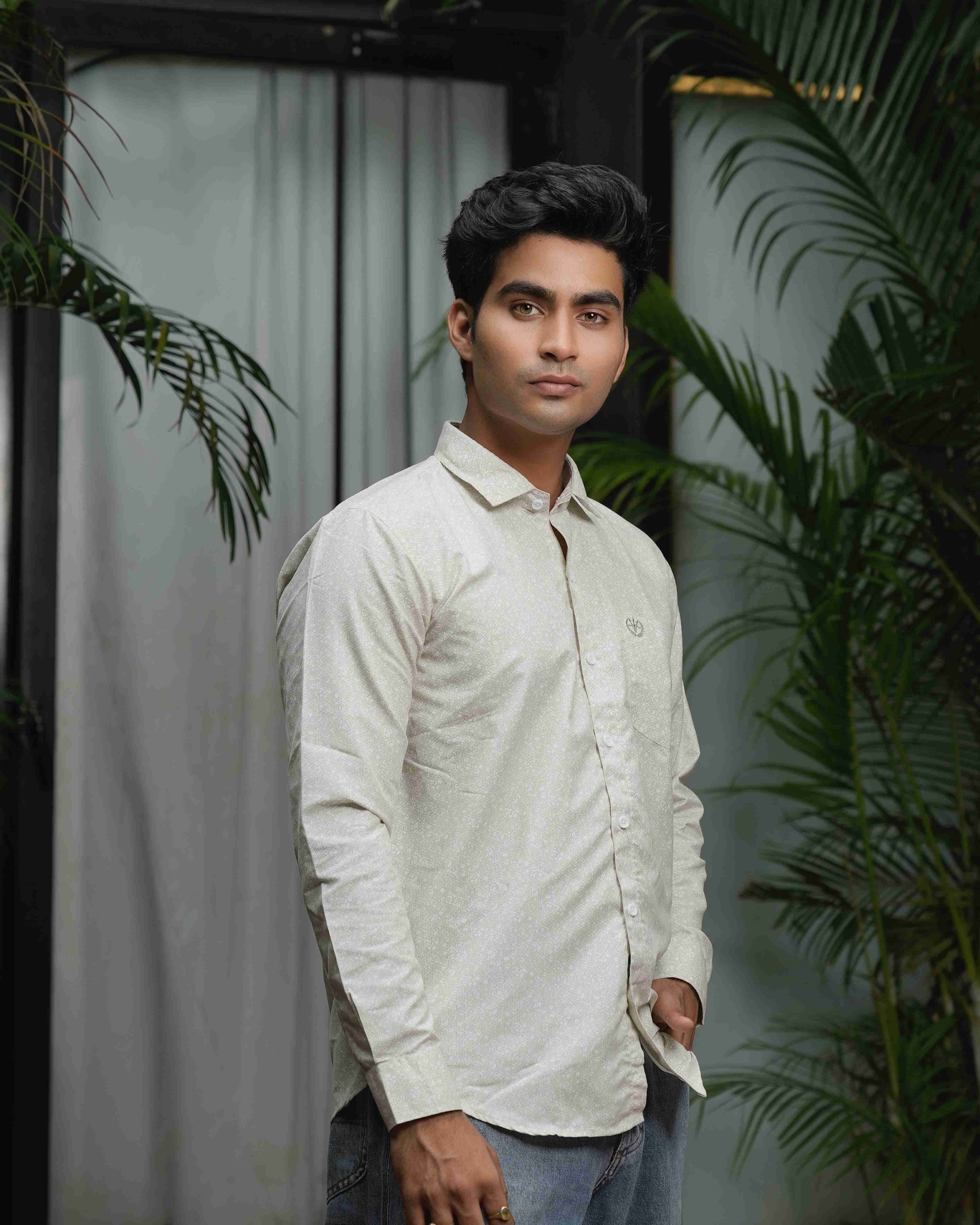 Men’s Ivory Shirt – Velvet Touch Cotton, Elegant Print