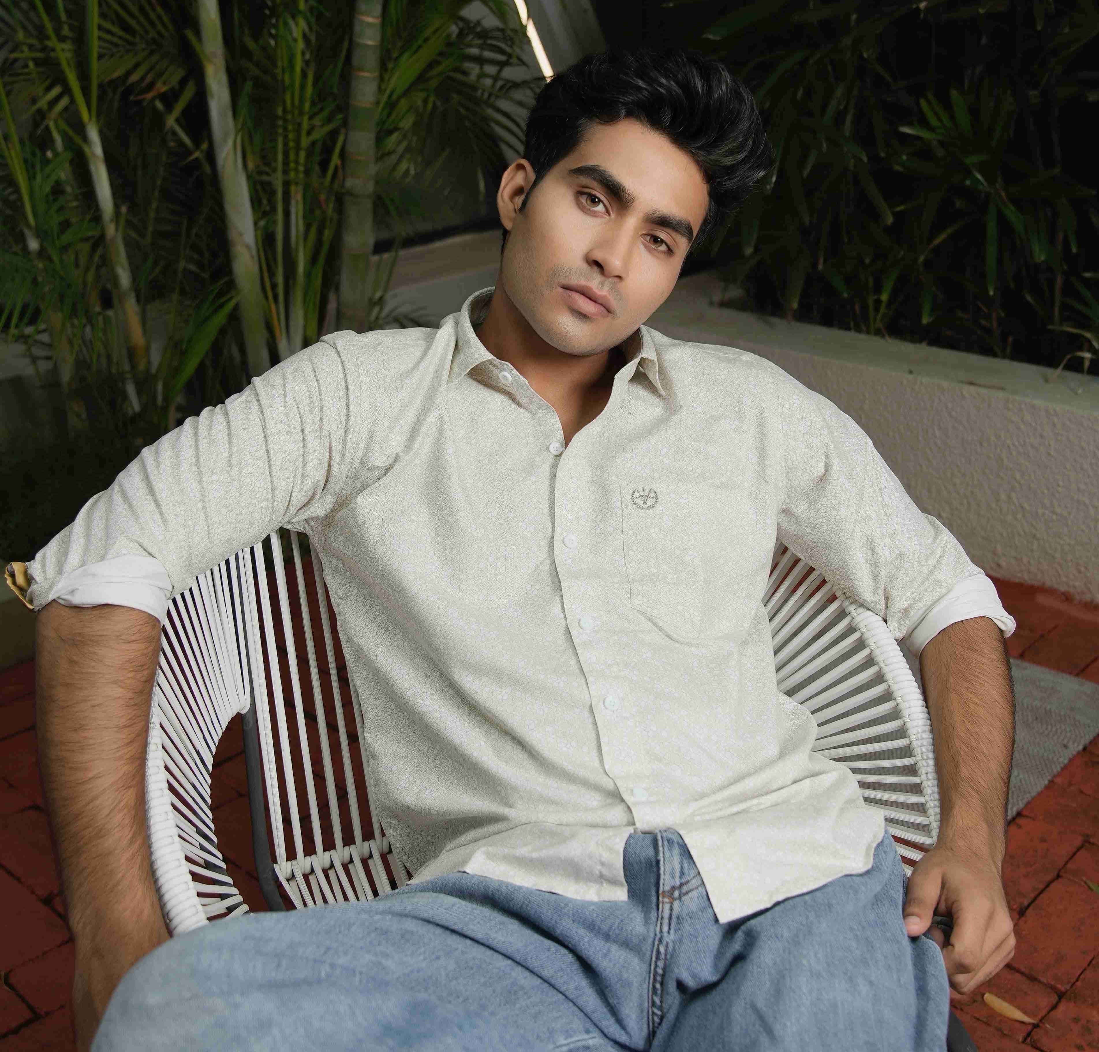 Men’s Ivory Shirt – Velvet Touch Cotton, Elegant Print