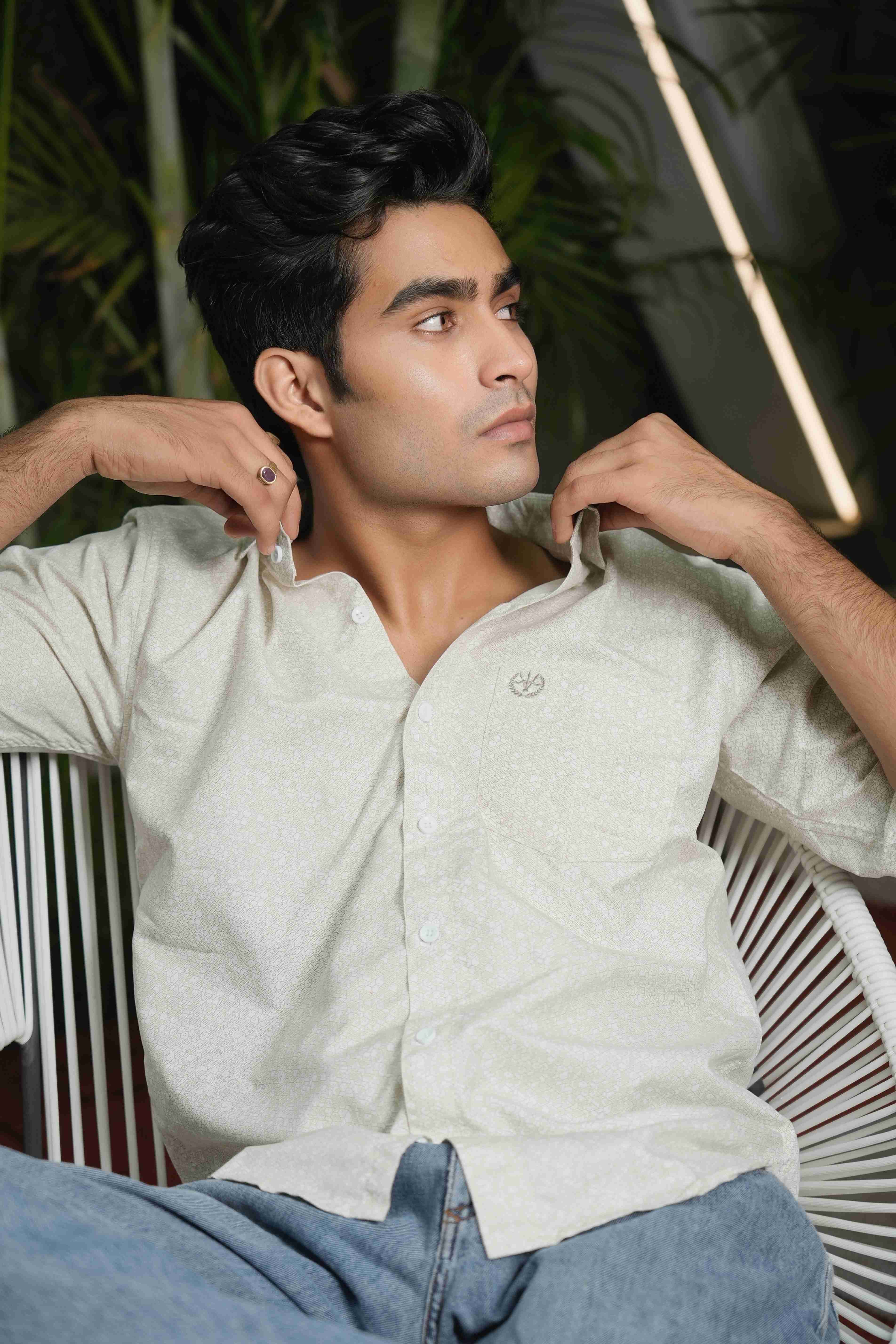 Men’s Ivory Shirt – Velvet Touch Cotton, Elegant Print