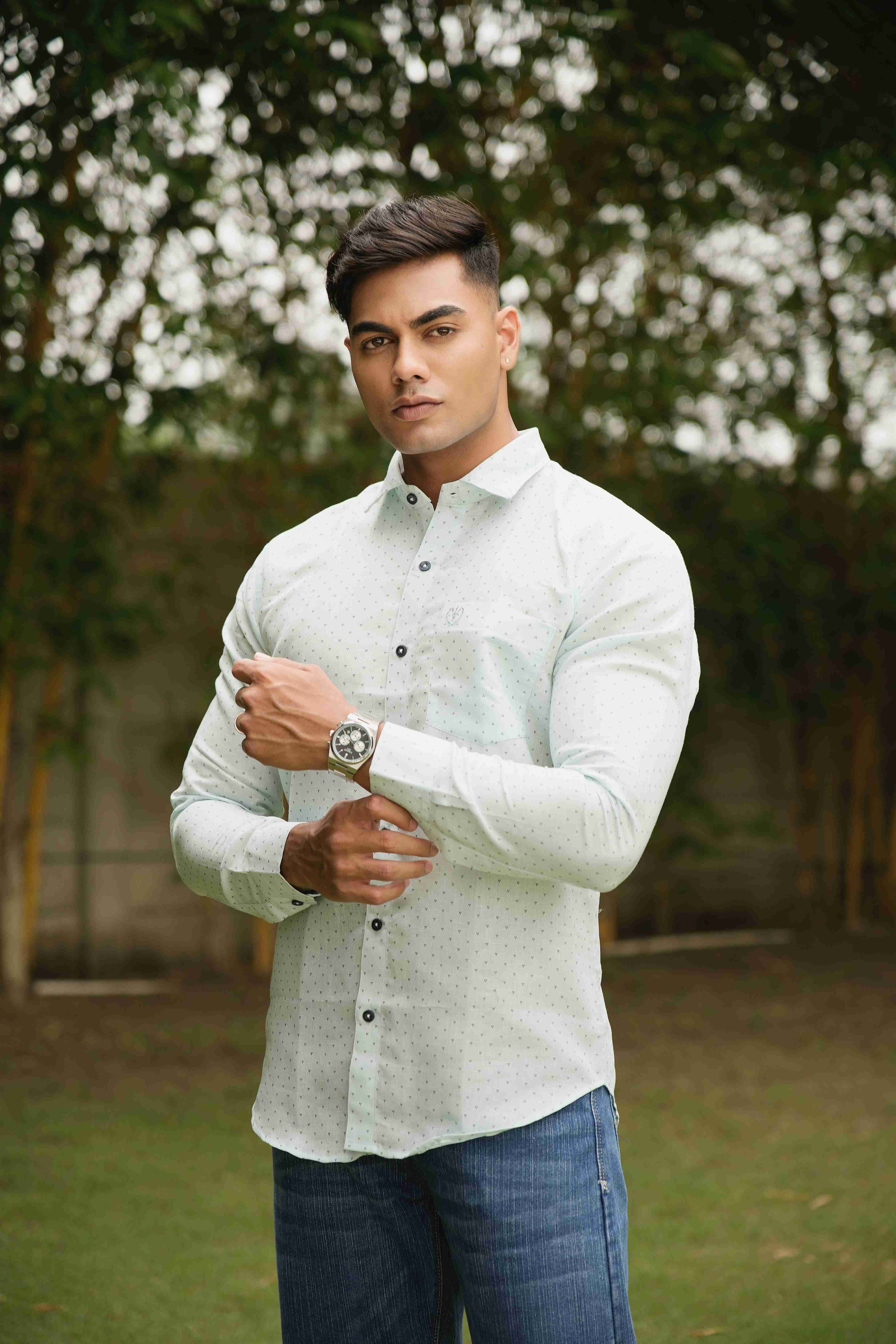 Cotton Linen Signature Shirt – Pearl Green Print Edition