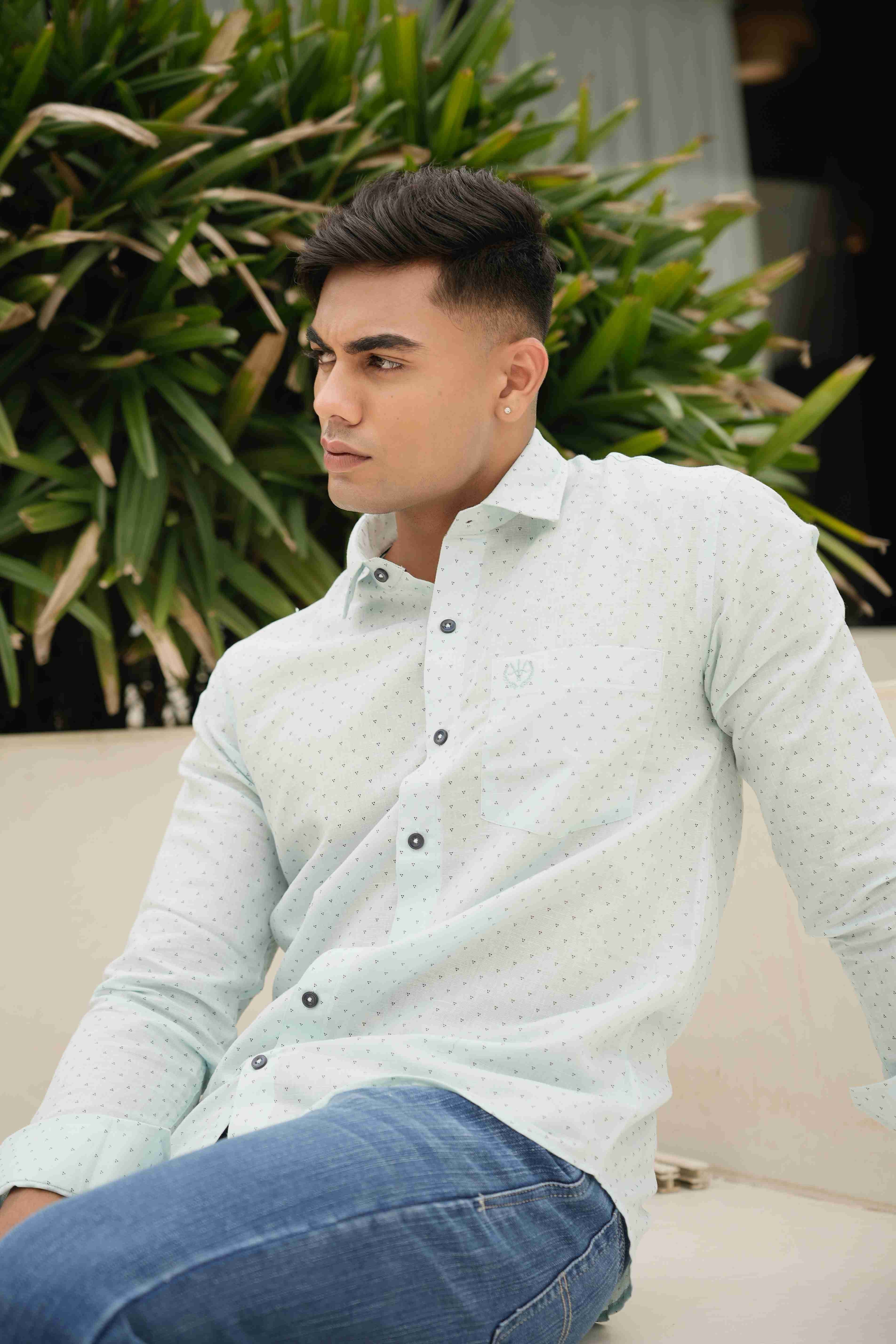 Cotton Linen Signature Shirt – Pearl Green Print Edition