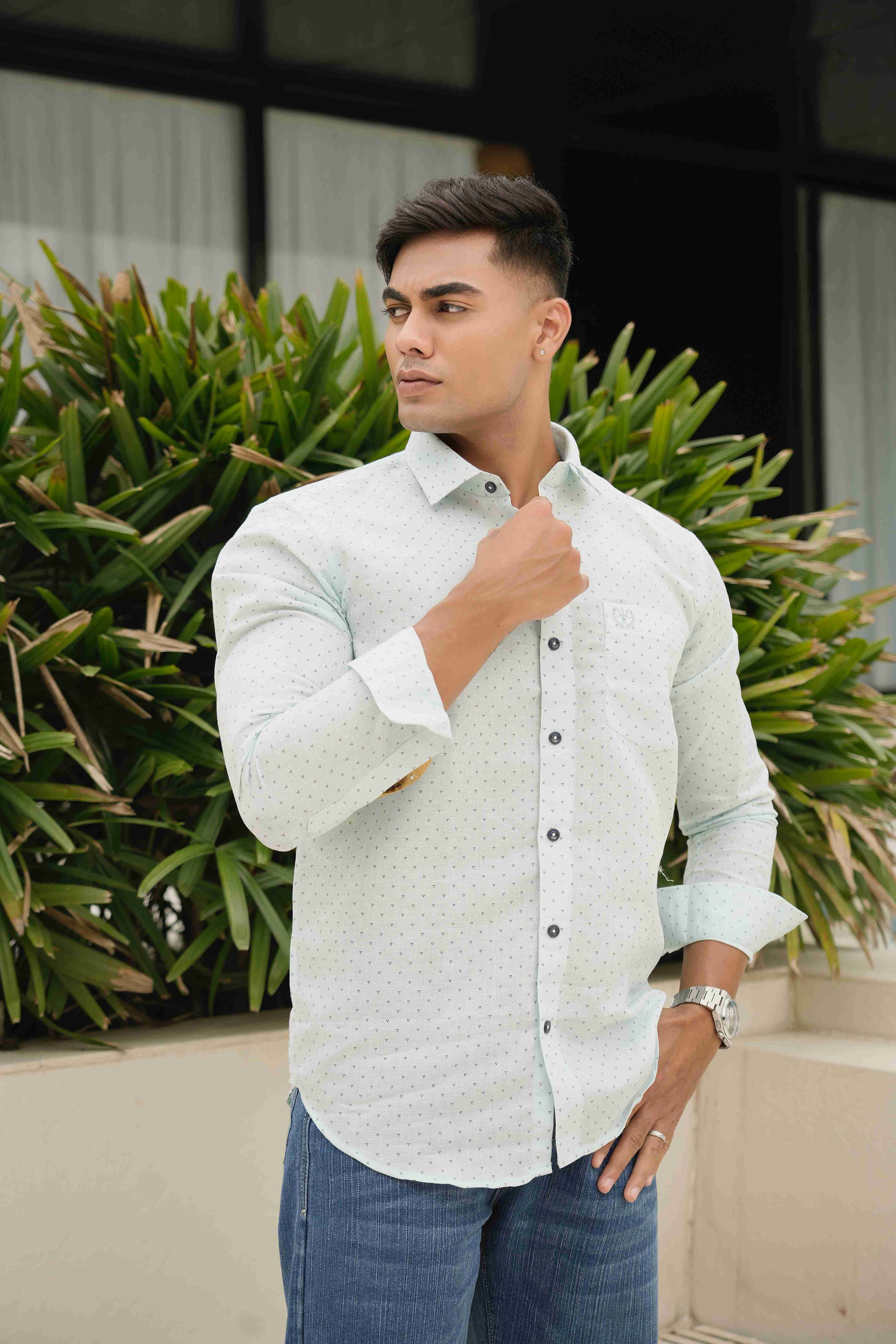 Cotton Linen Signature Shirt – Pearl Green Print Edition