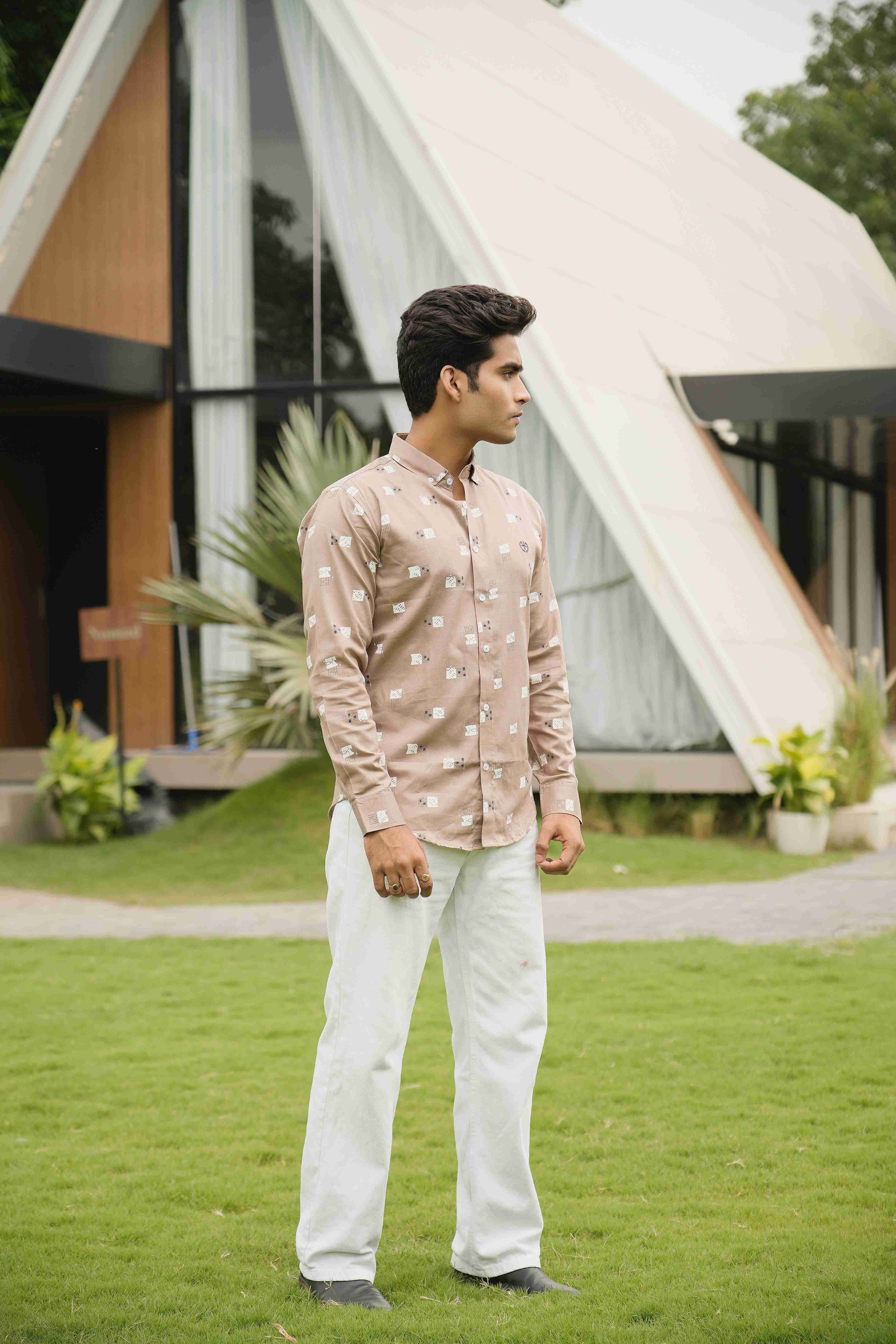Elegant Rosy Brown Shirt – Printed Muslin Cotton, Button-Down