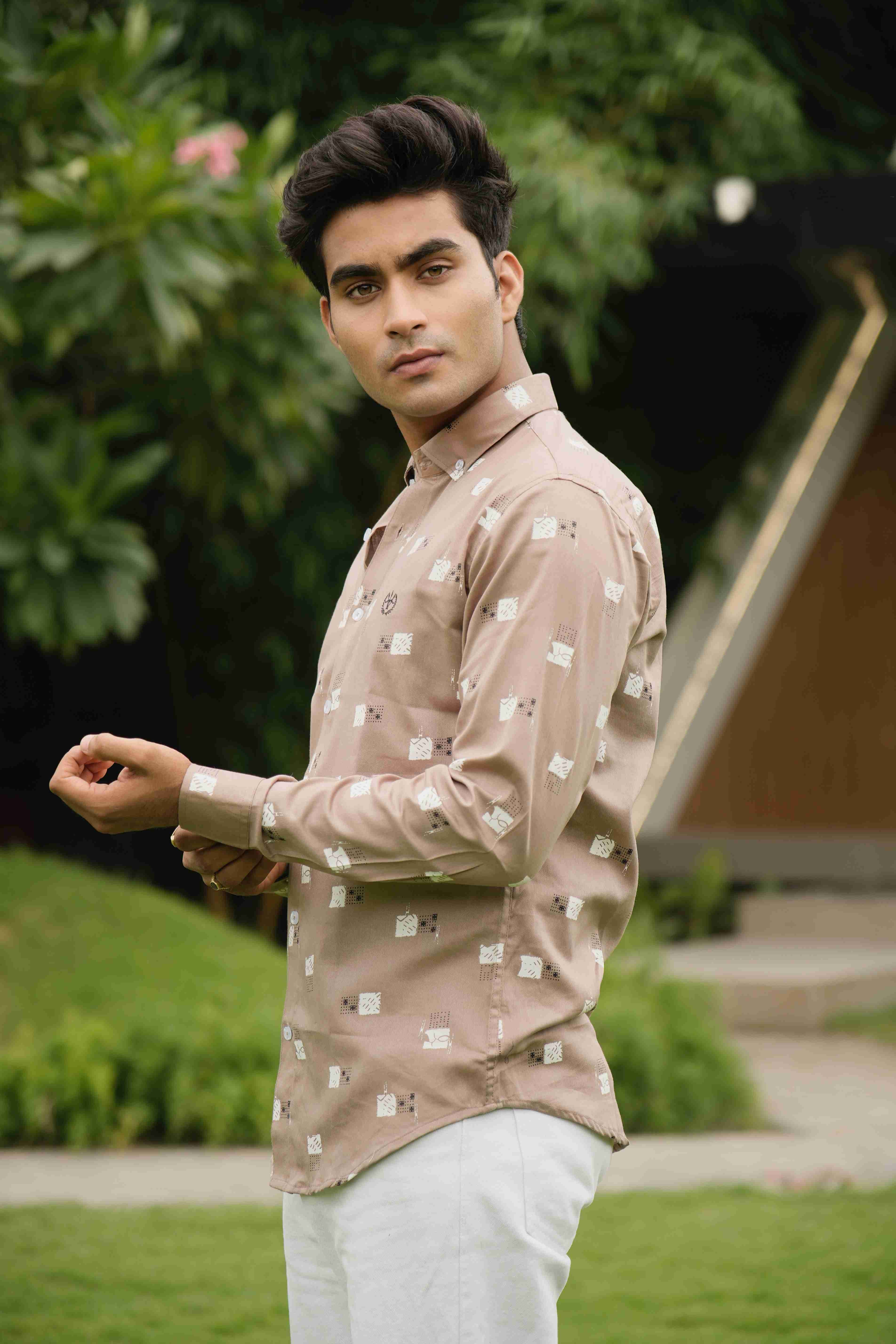 Elegant Rosy Brown Shirt – Printed Muslin Cotton, Button-Down