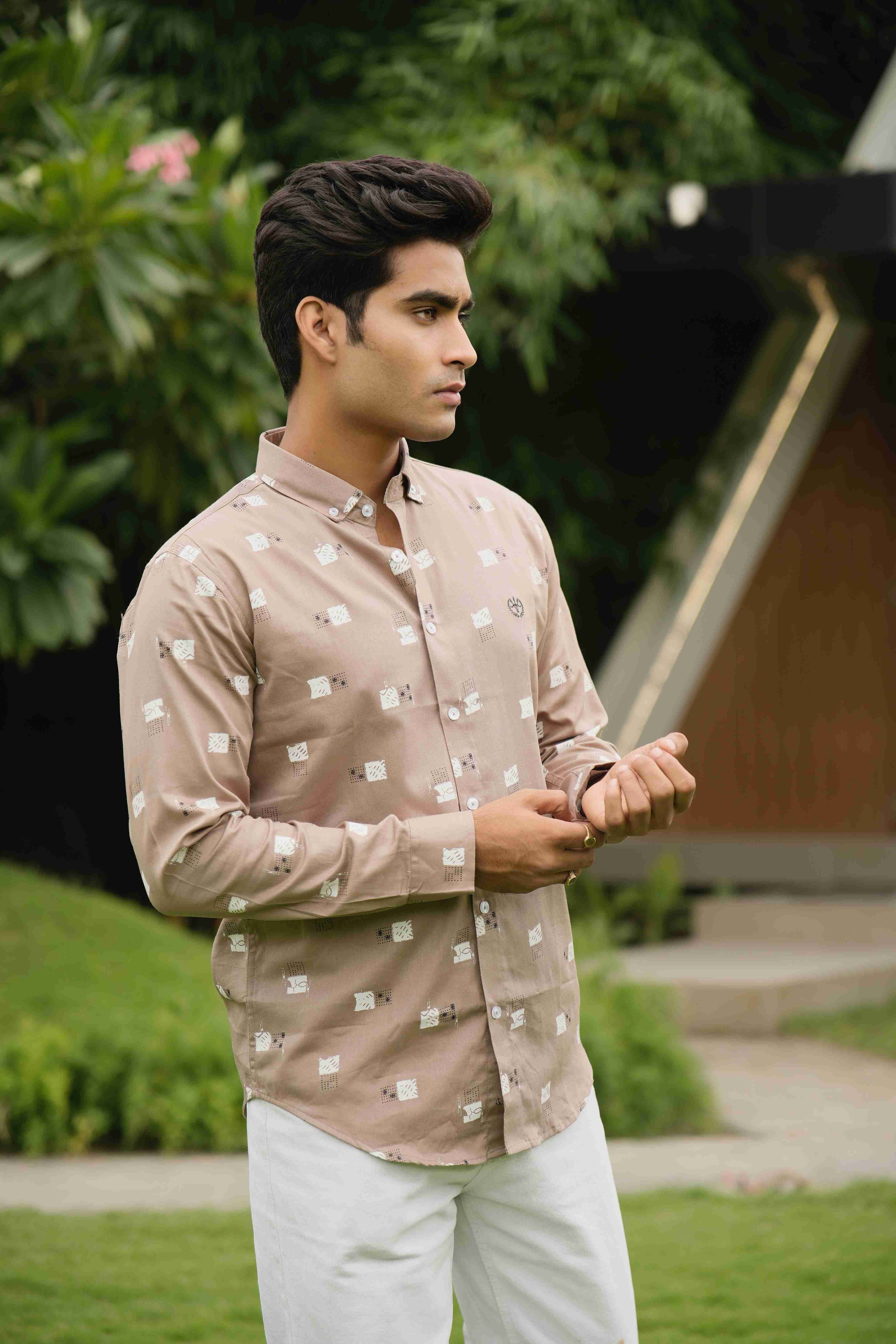 Elegant Rosy Brown Shirt – Printed Muslin Cotton, Button-Down