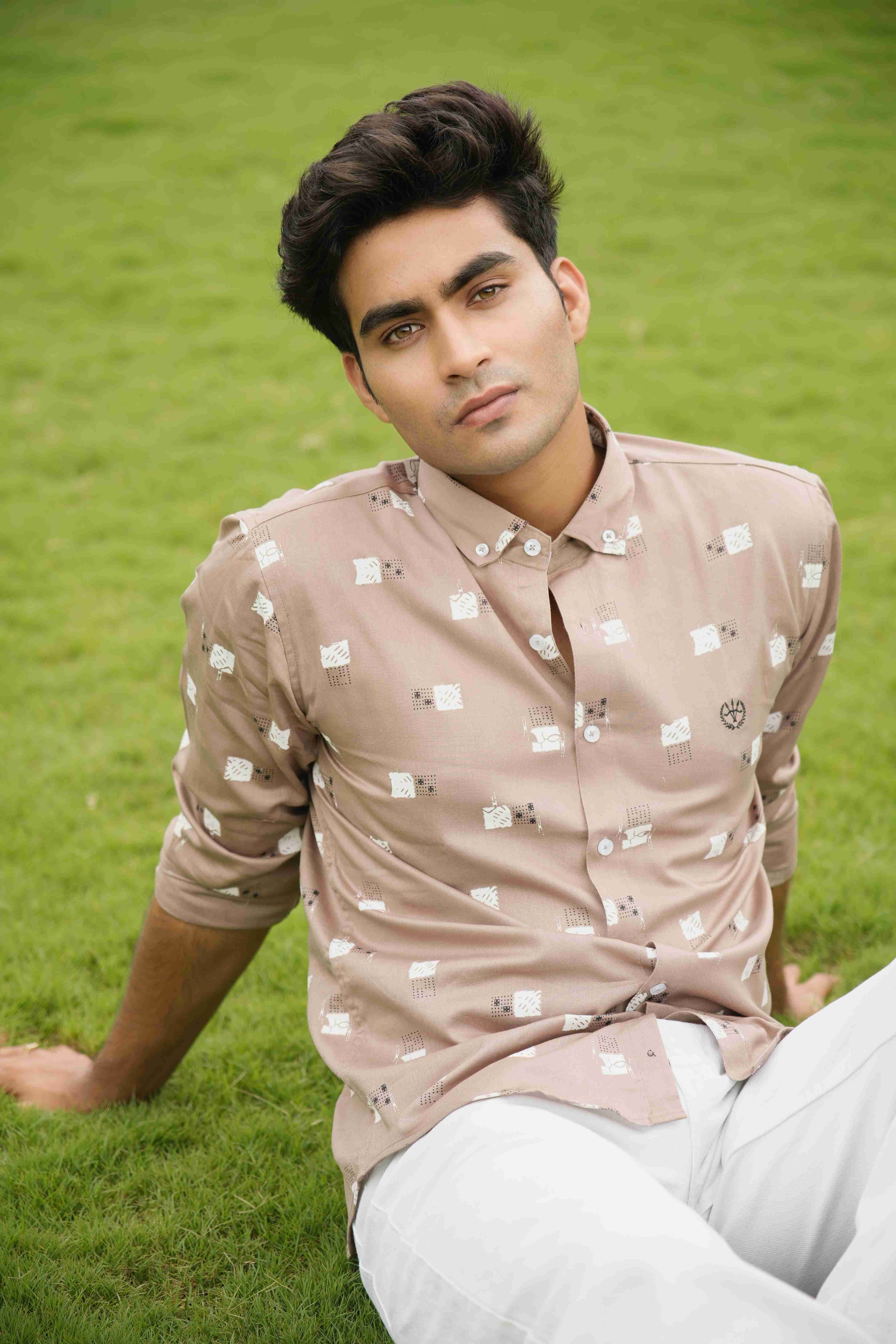 Elegant Rosy Brown Shirt – Printed Muslin Cotton, Button-Down