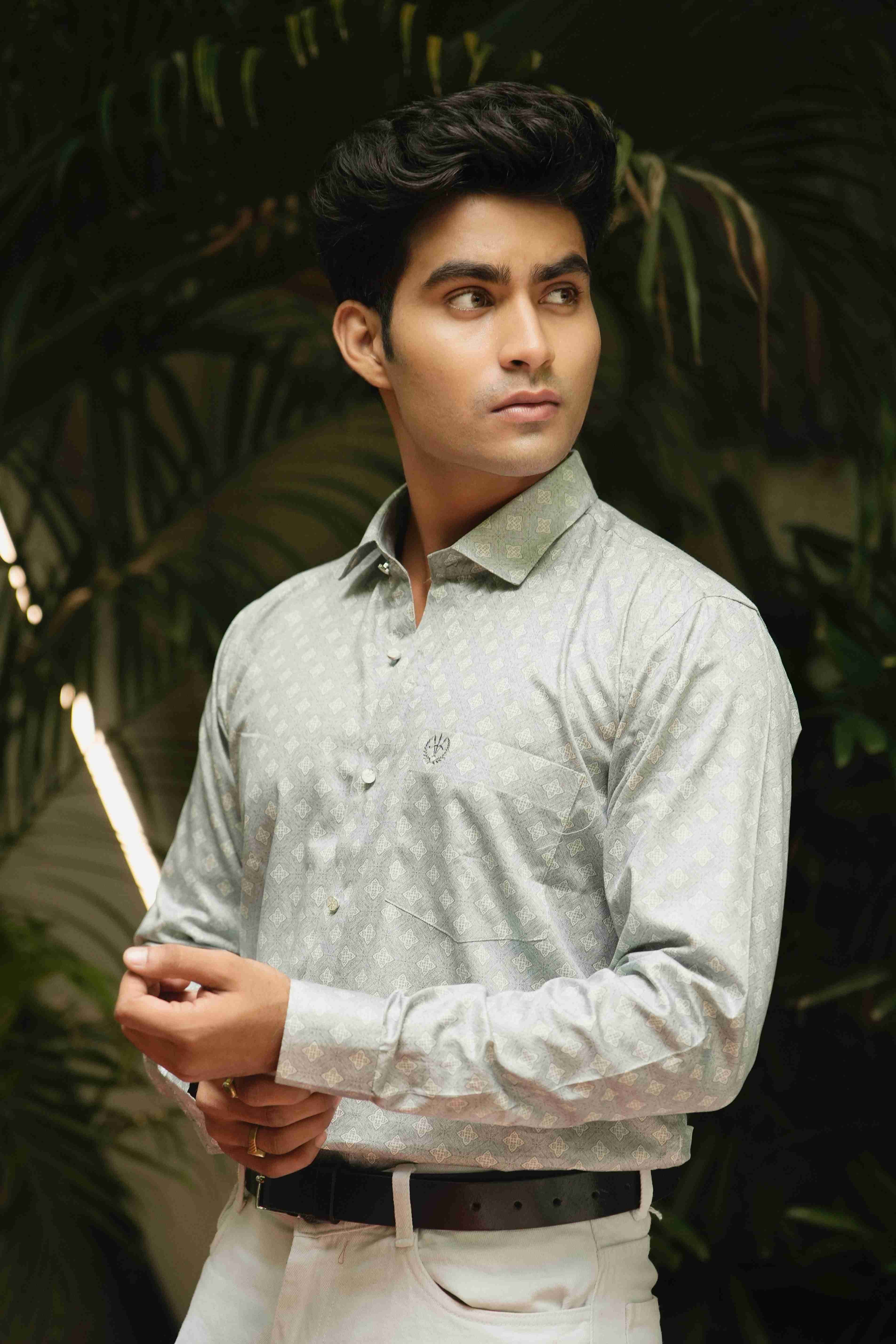 Midnight Blue Shirt – Satin Cotton, Printed, Designer Button