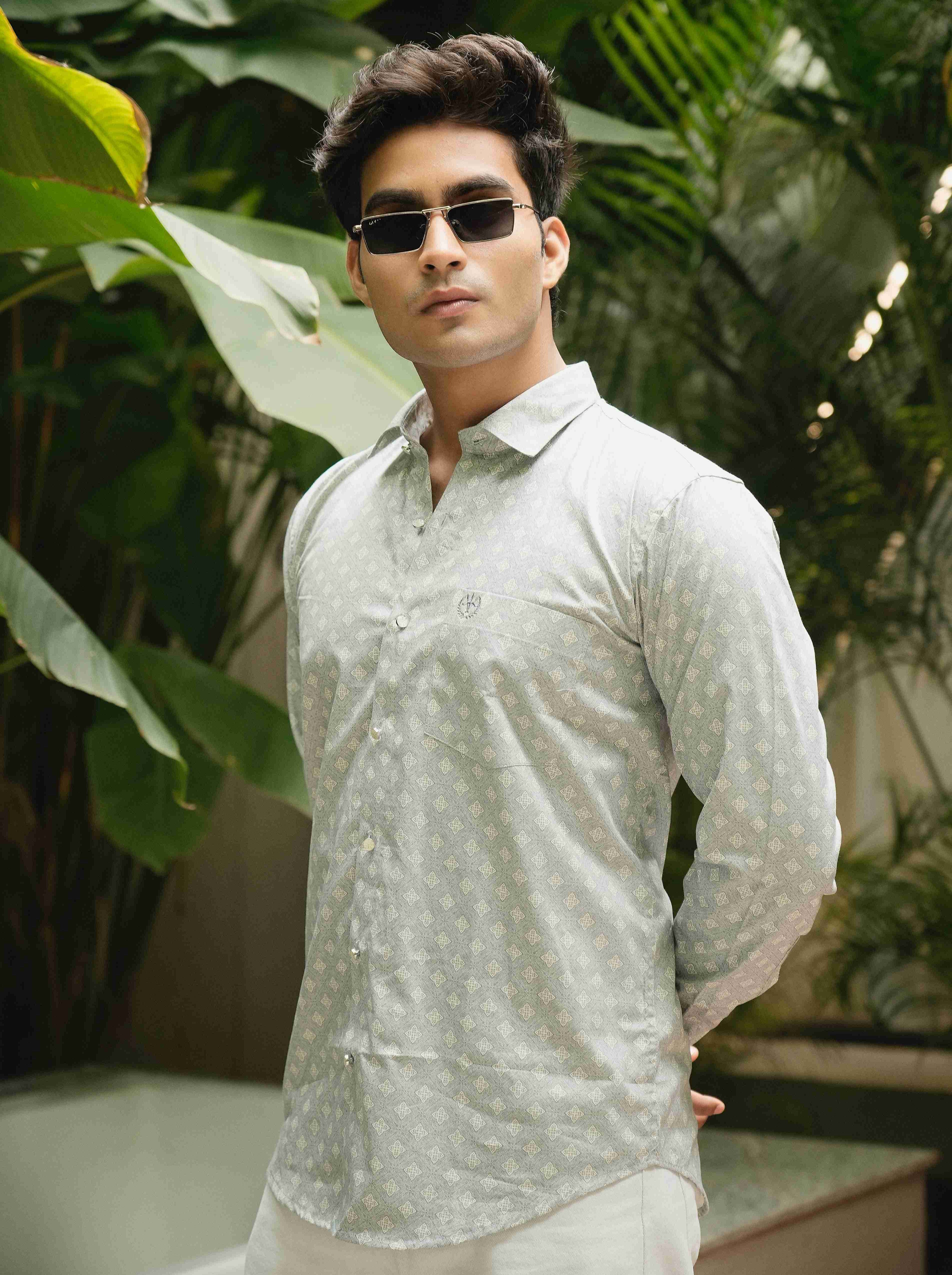 Midnight Blue Shirt – Satin Cotton, Printed, Designer Button