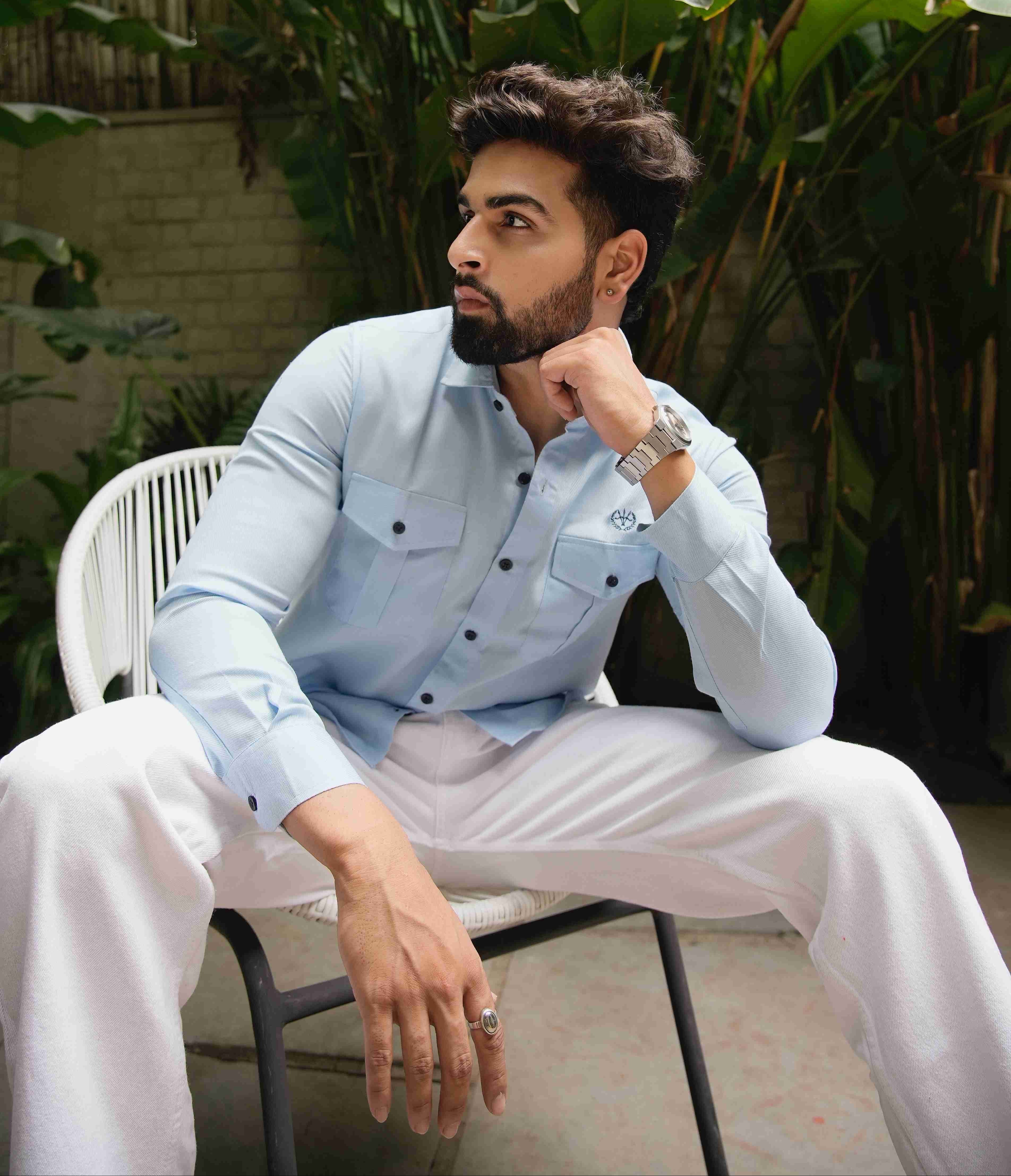 Sky Blue Utility Shirt – Box Pleats & Twin Pockets