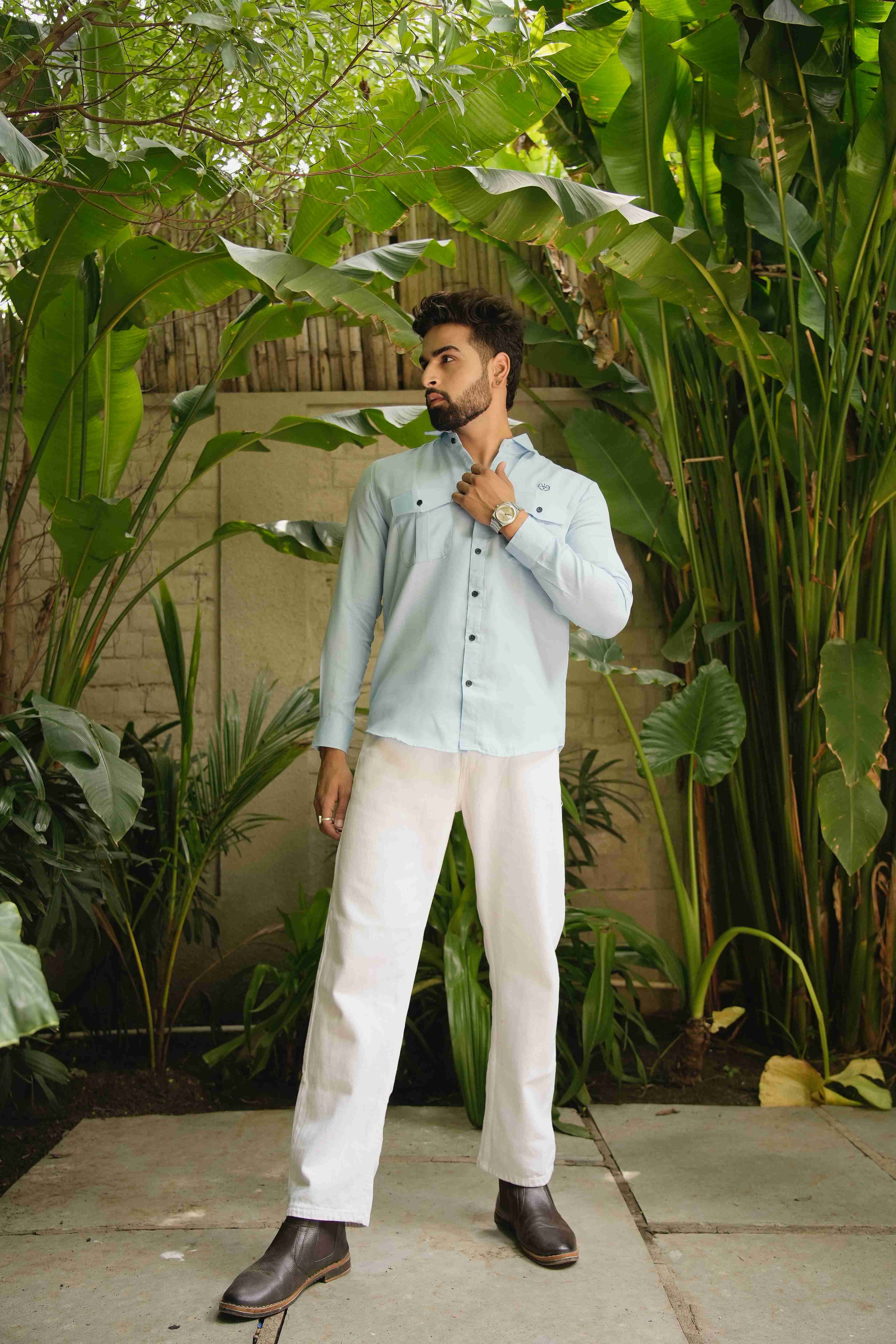Sky Blue Utility Shirt – Box Pleats & Twin Pockets