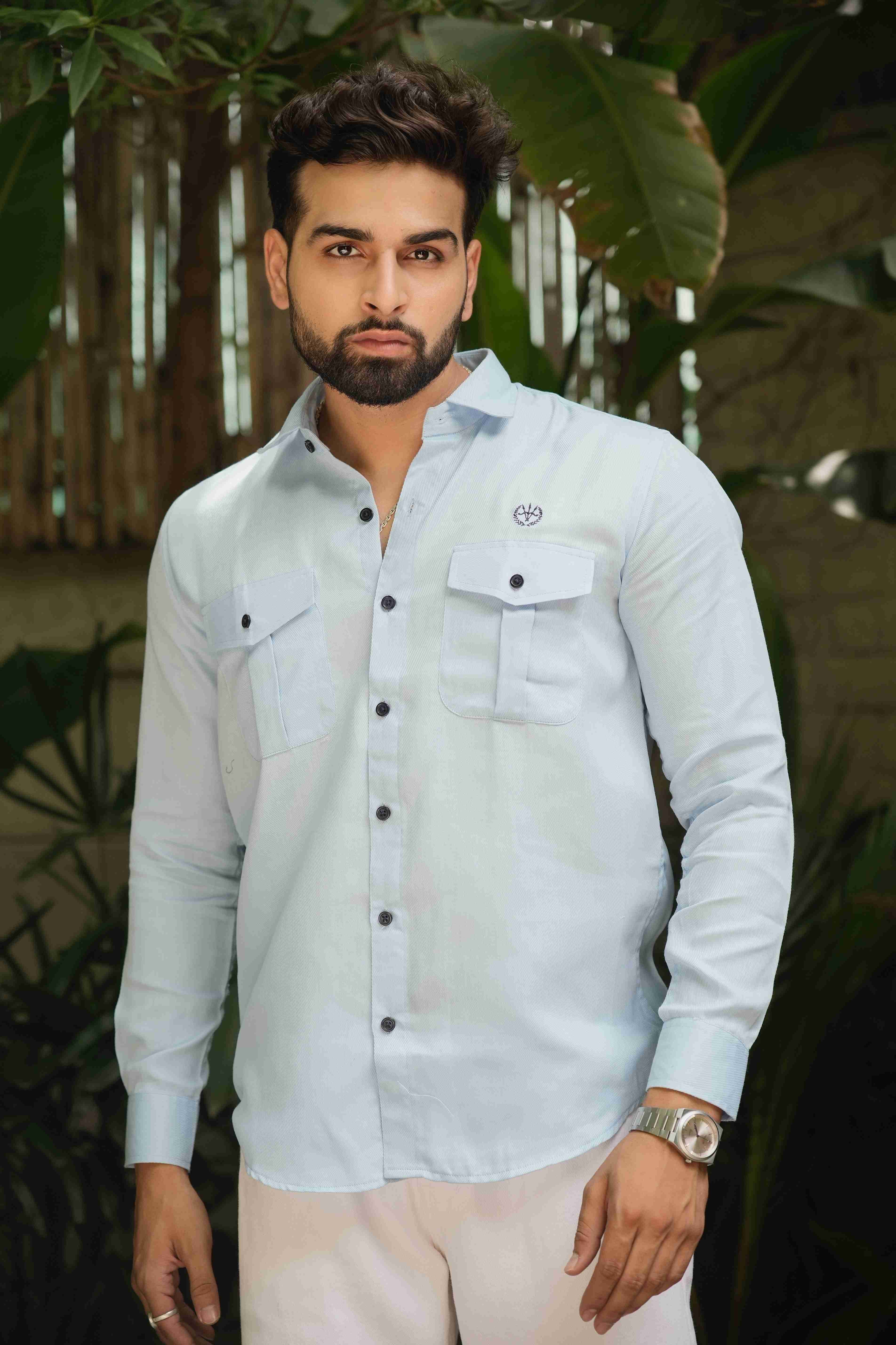Sky Blue Utility Shirt – Box Pleats & Twin Pockets