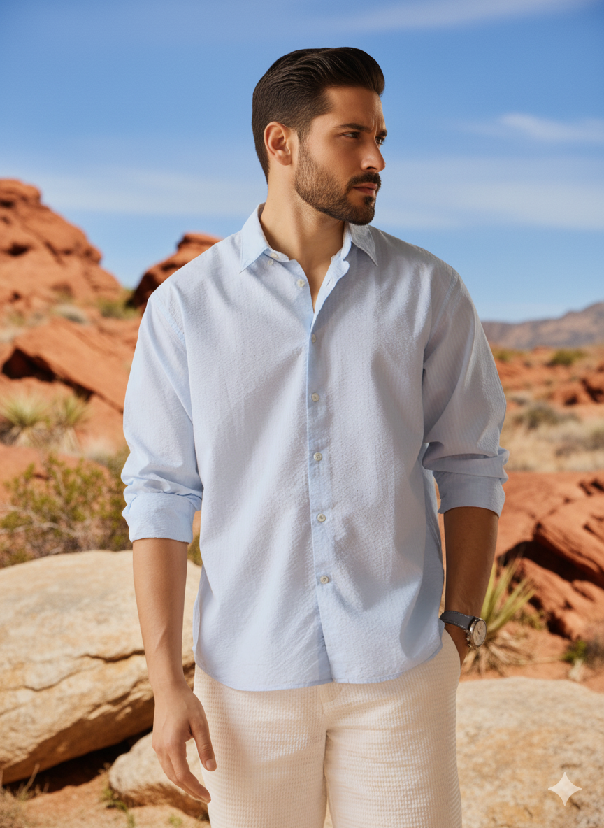 Textured Blue Cotton Shirt – Regular Fit Shirt