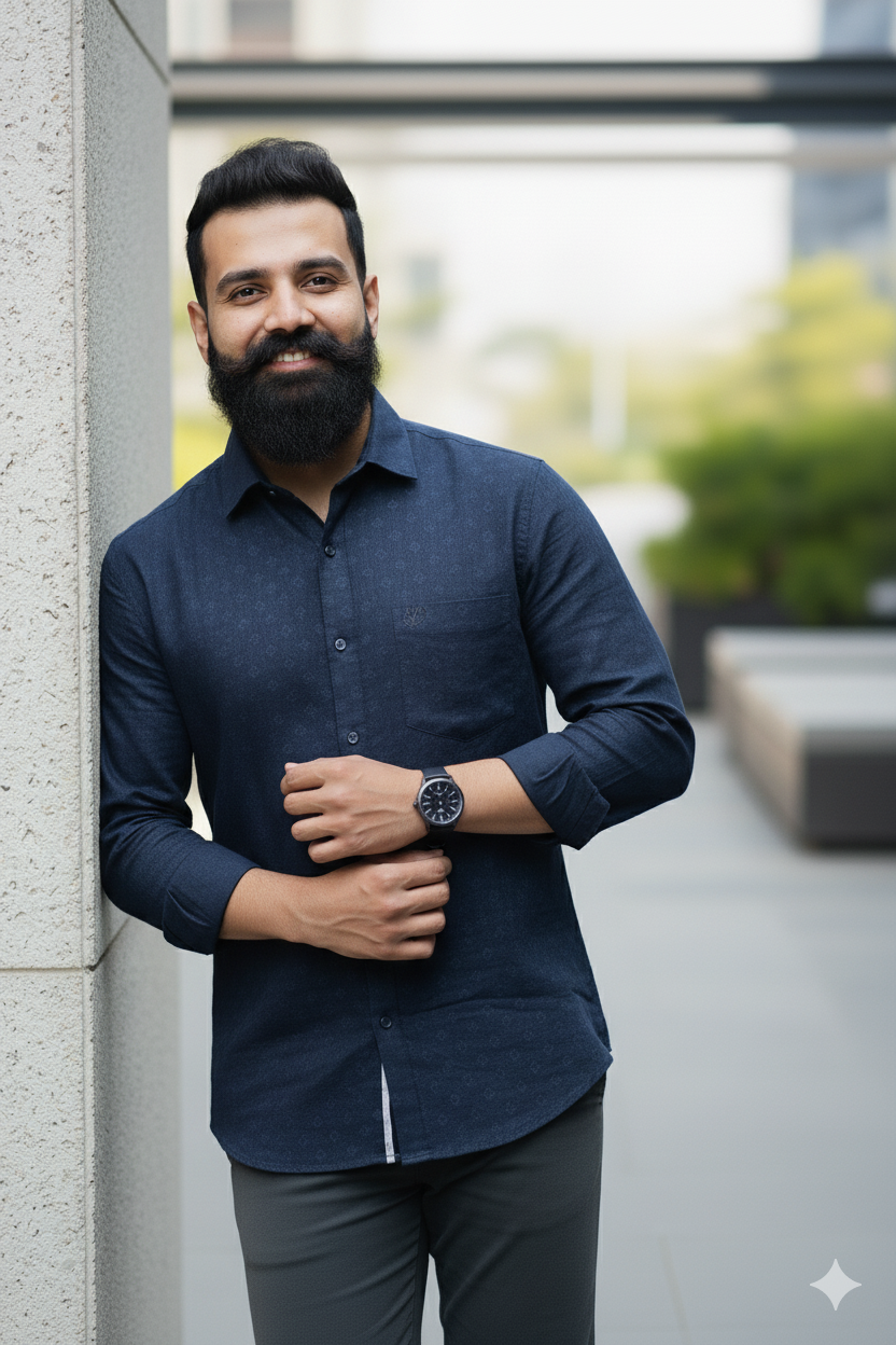 Navi Blue Print Shirt – Regular Fit
