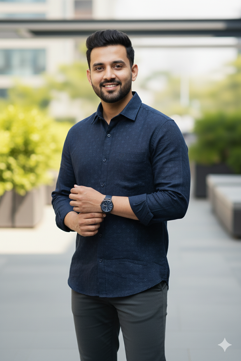 Navi Blue Print Shirt – Regular Fit