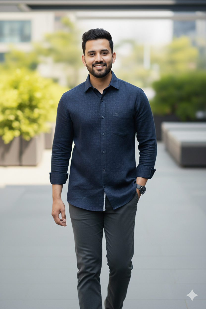 Navi Blue Print Shirt – Regular Fit