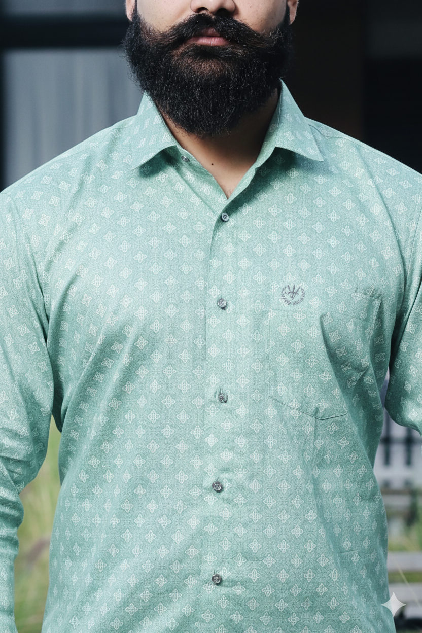 Midnight green Shirt – Satin Cotton, Printed, Designer Button (Copy)