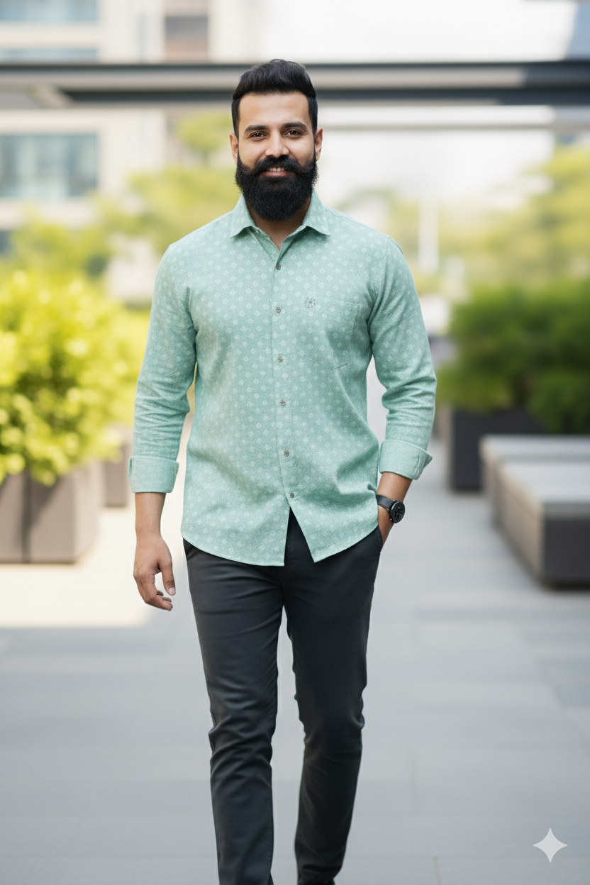 Midnight green Shirt – Satin Cotton, Printed, Designer Button (Copy)