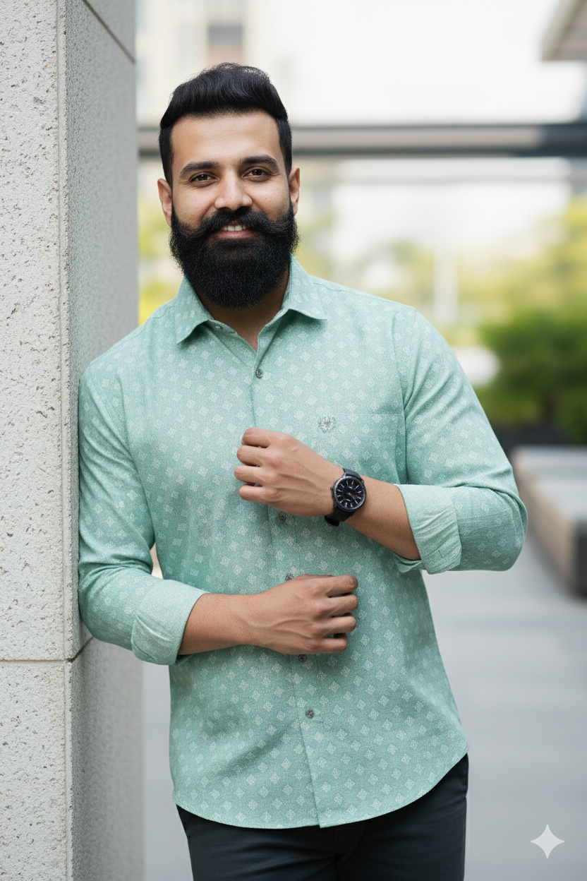 Midnight green Shirt – Satin Cotton, Printed, Designer Button (Copy)