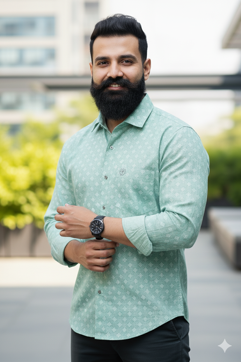 Midnight green Shirt – Satin Cotton, Printed, Designer Button (Copy)