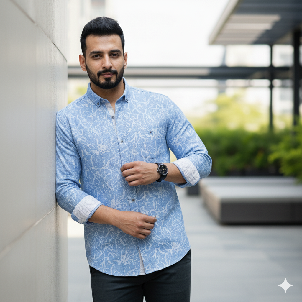 Midnight Blue Luxe Print in Cotton Linen - Slim Fit Shirt