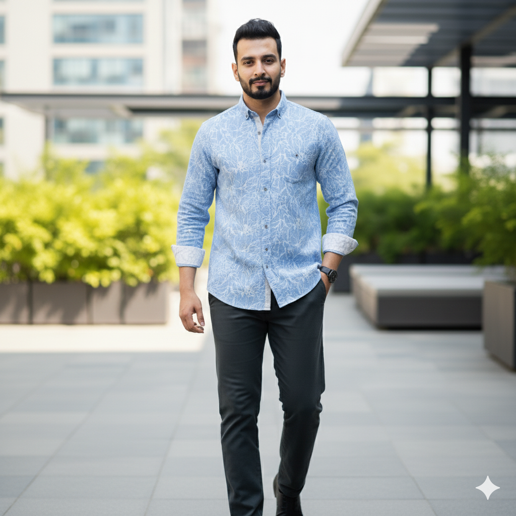 Midnight Blue Luxe Print in Cotton Linen - Slim Fit Shirt