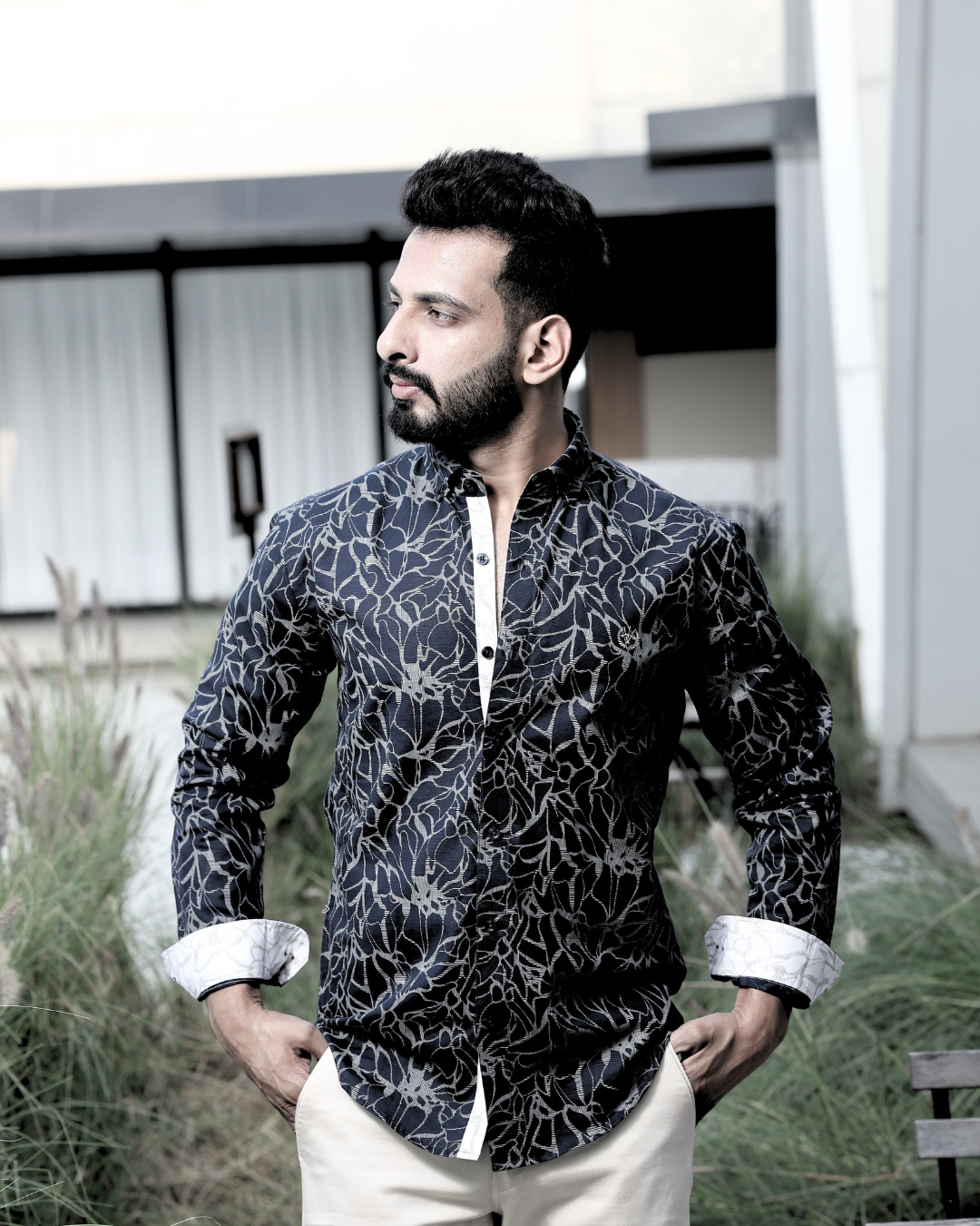 Sapphire Blue Slim Fit Shirt – Luxe Print in Cotton Linen