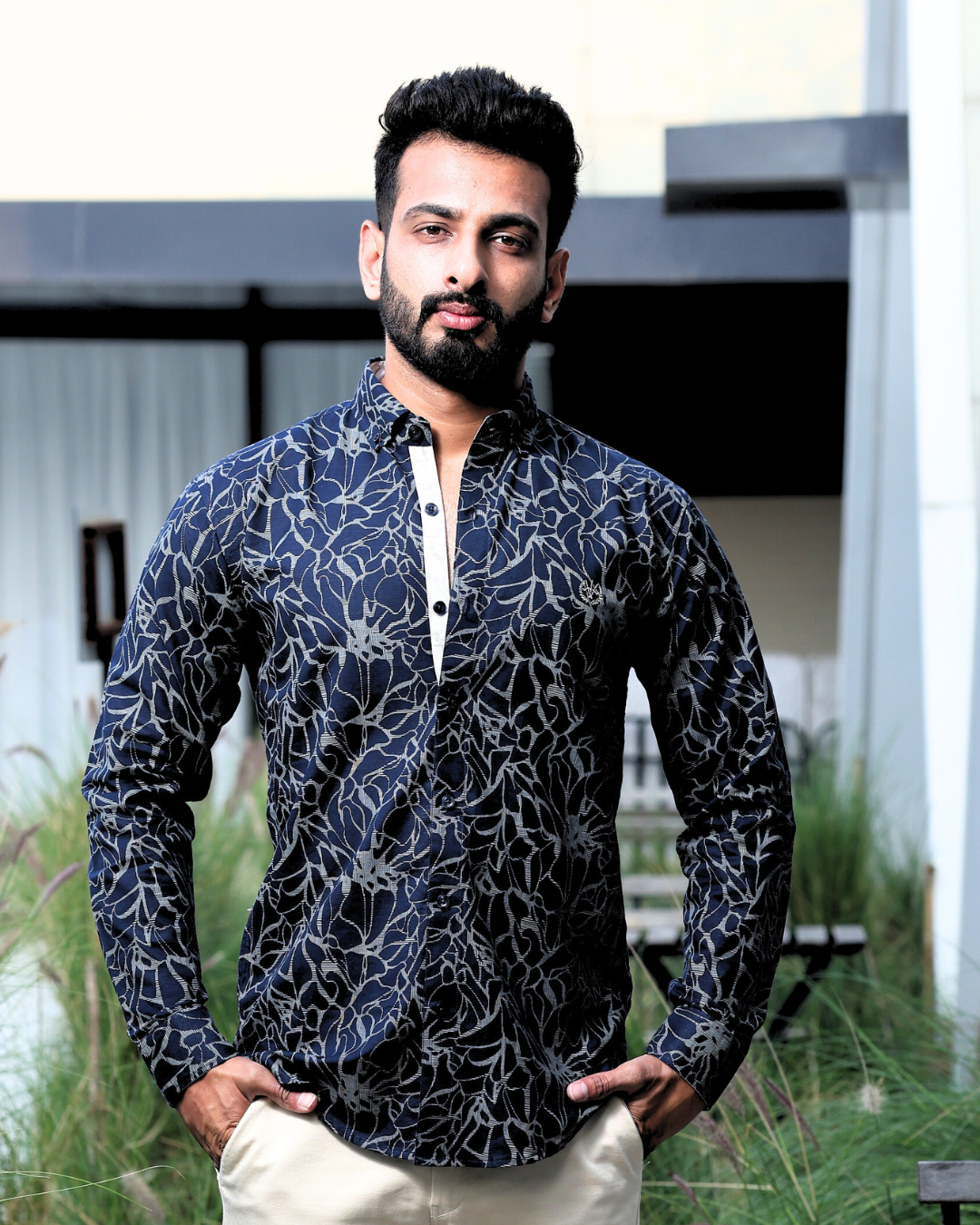 Sapphire Blue Slim Fit Shirt – Luxe Print in Cotton Linen