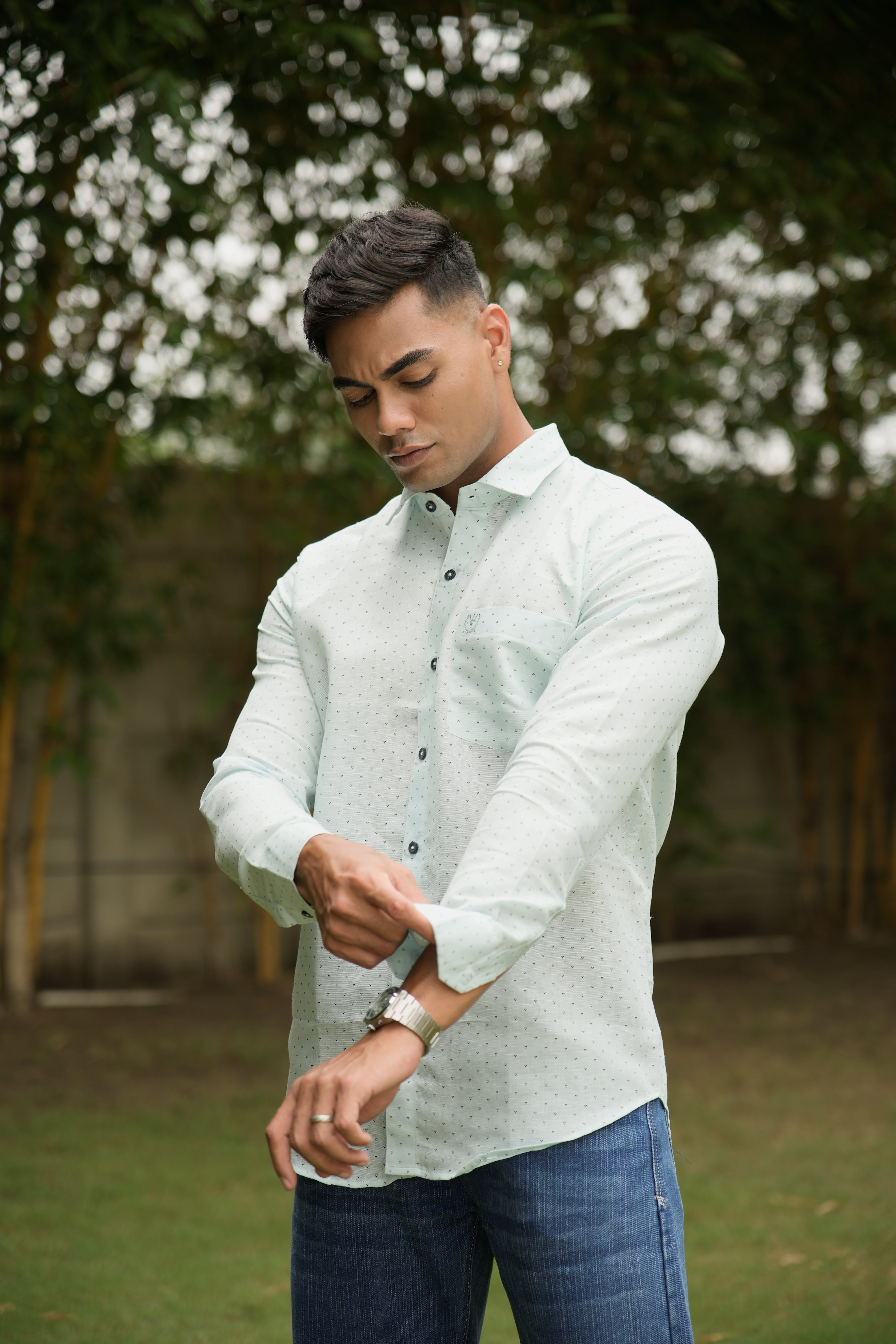 Cotton Linen Signature Shirt – Pearl Green Print Edition