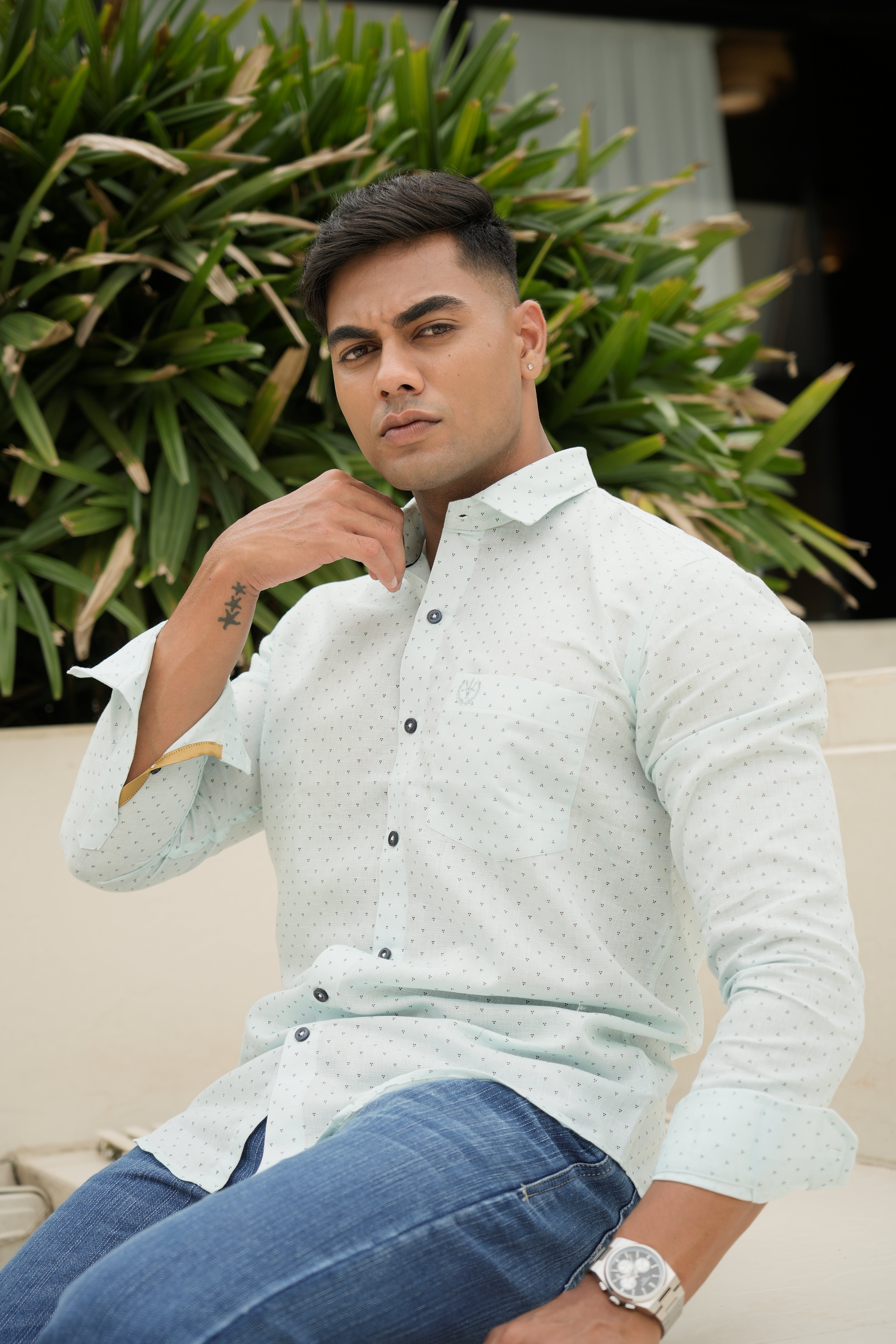 Cotton Linen Signature Shirt – Pearl Green Print Edition