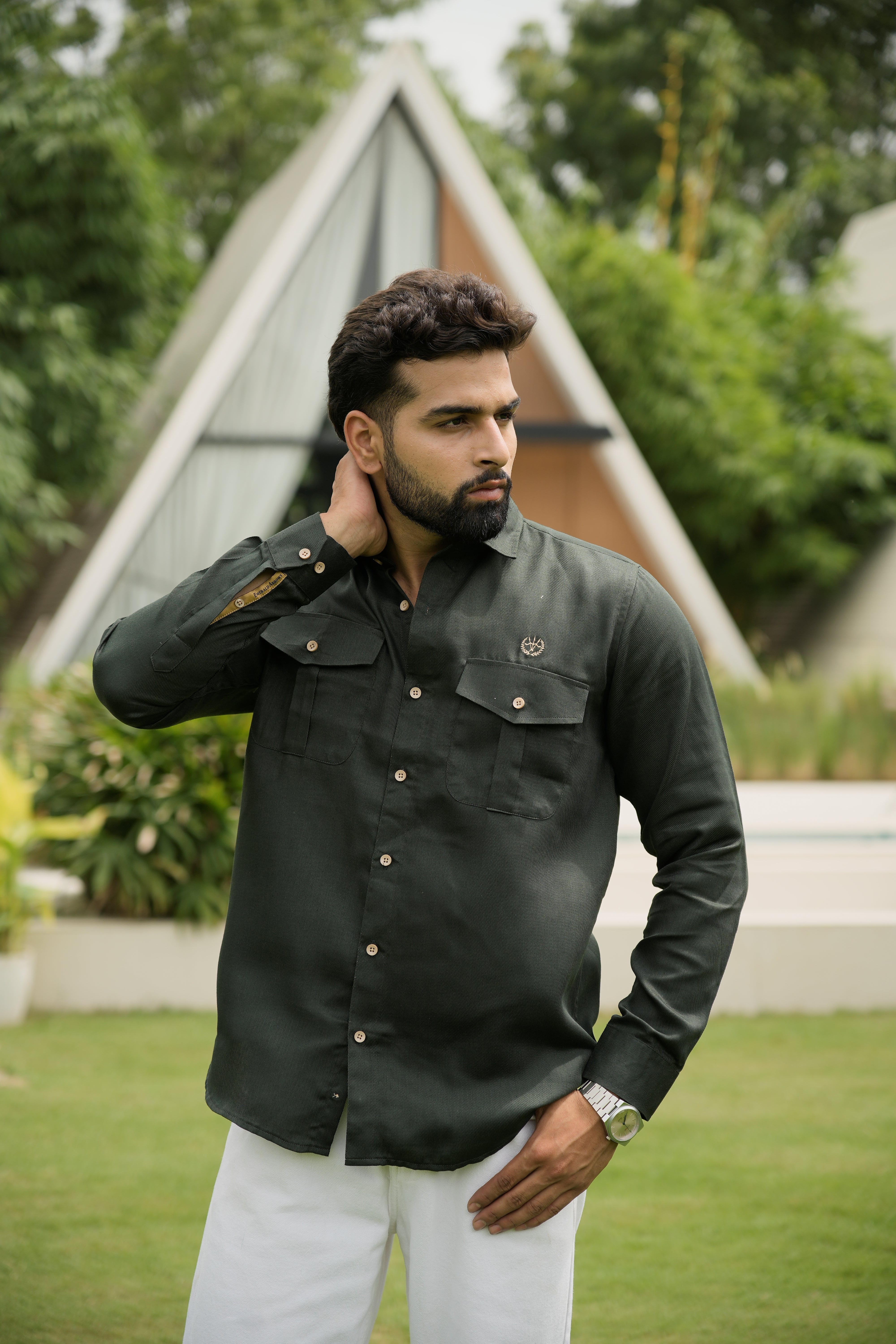 Utility Style Shirt – Emerald Green with Box Pleats & Dual Pockets