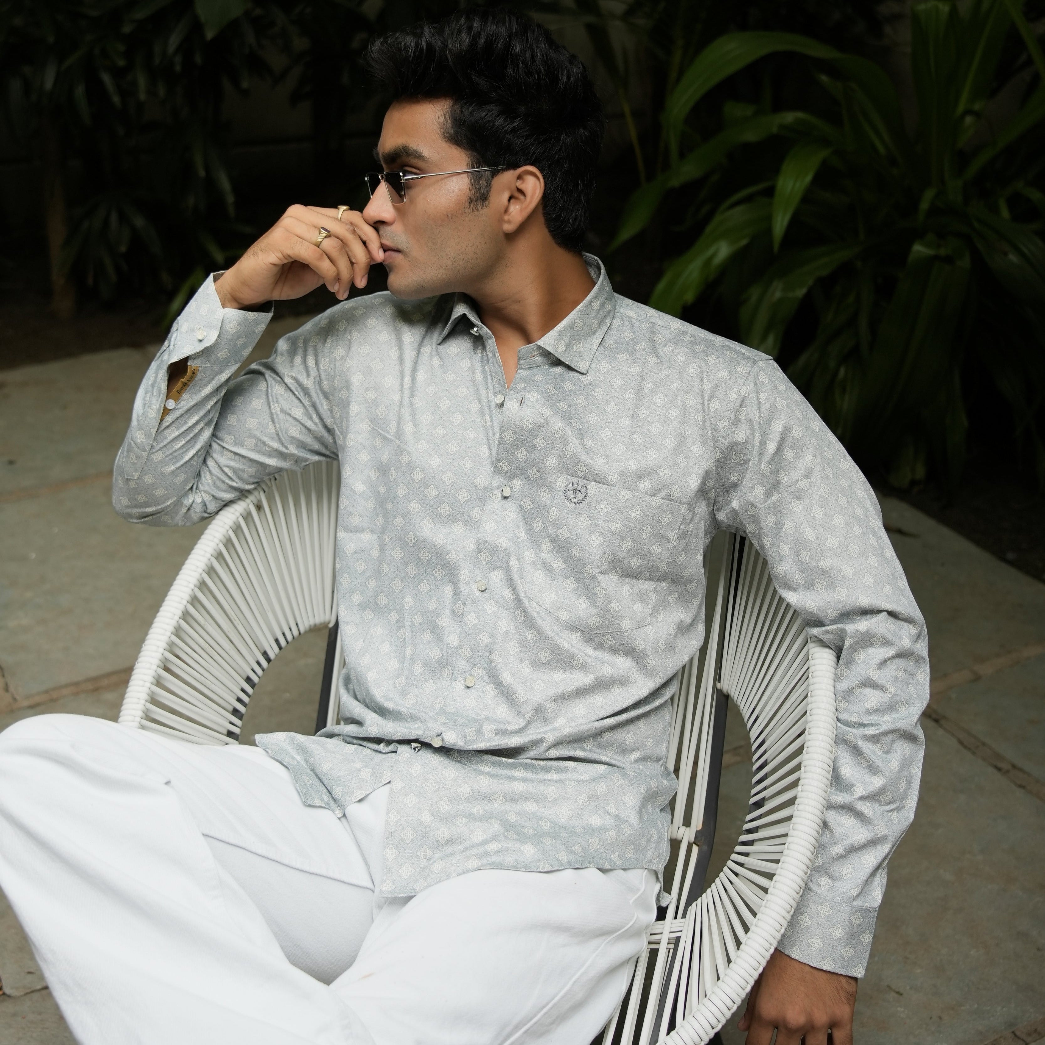 Midnight Blue Shirt – Satin Cotton, Printed, Designer Button