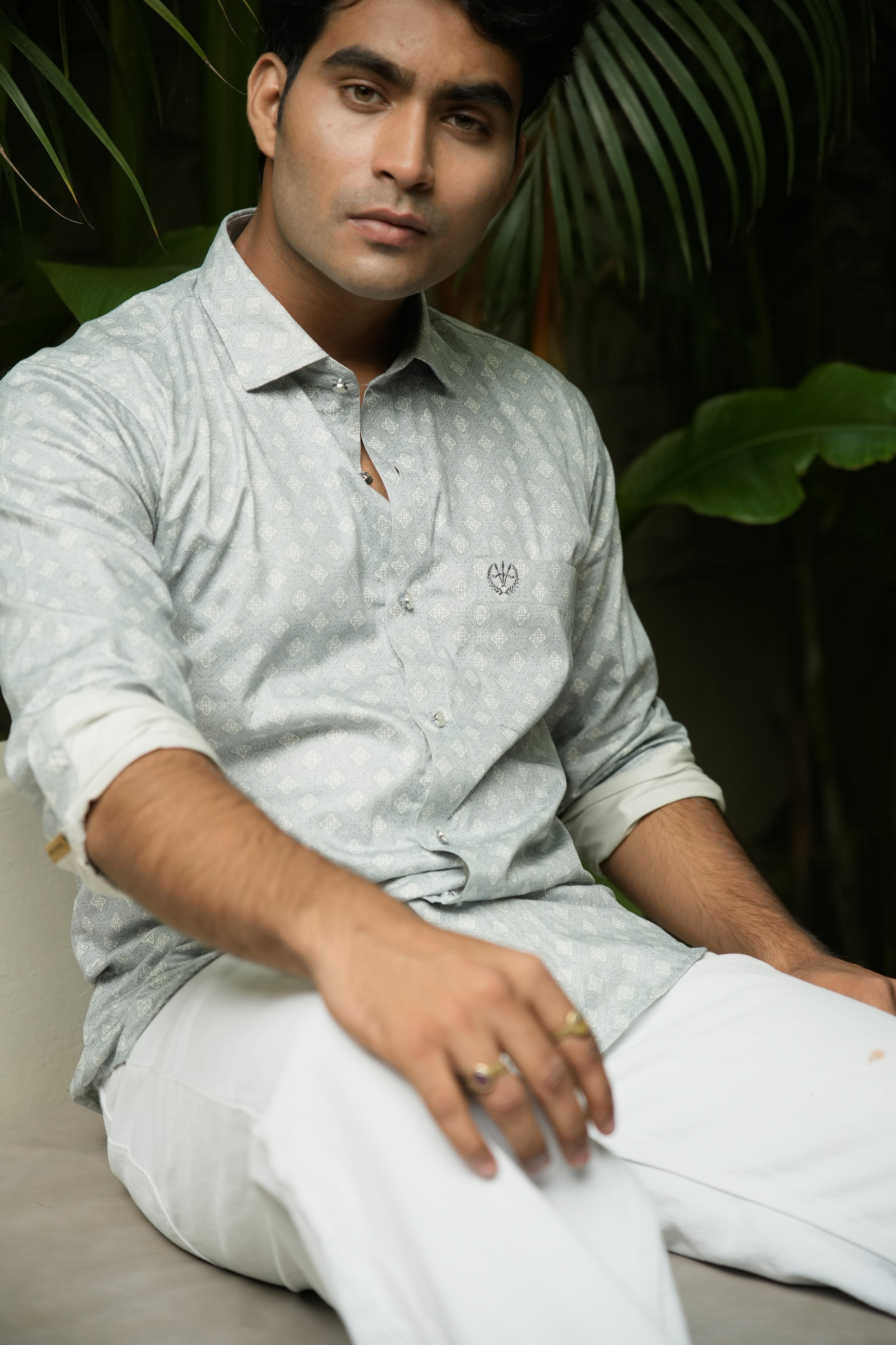 Midnight Blue Shirt – Satin Cotton, Printed, Designer Button